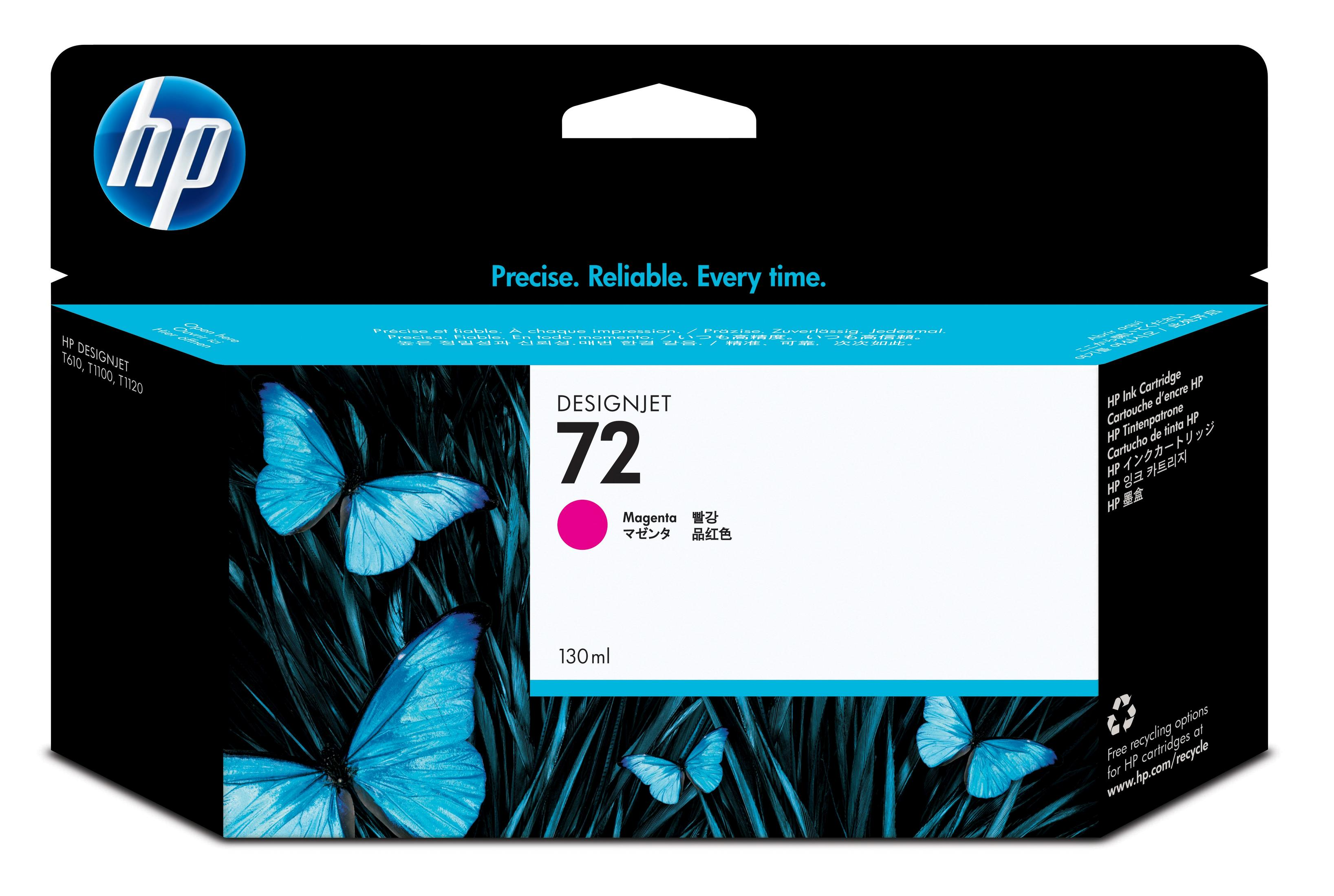 Cartuccia d'inchiostro HP Designjet 72 magenta con farfalle blu su sfondo nero.