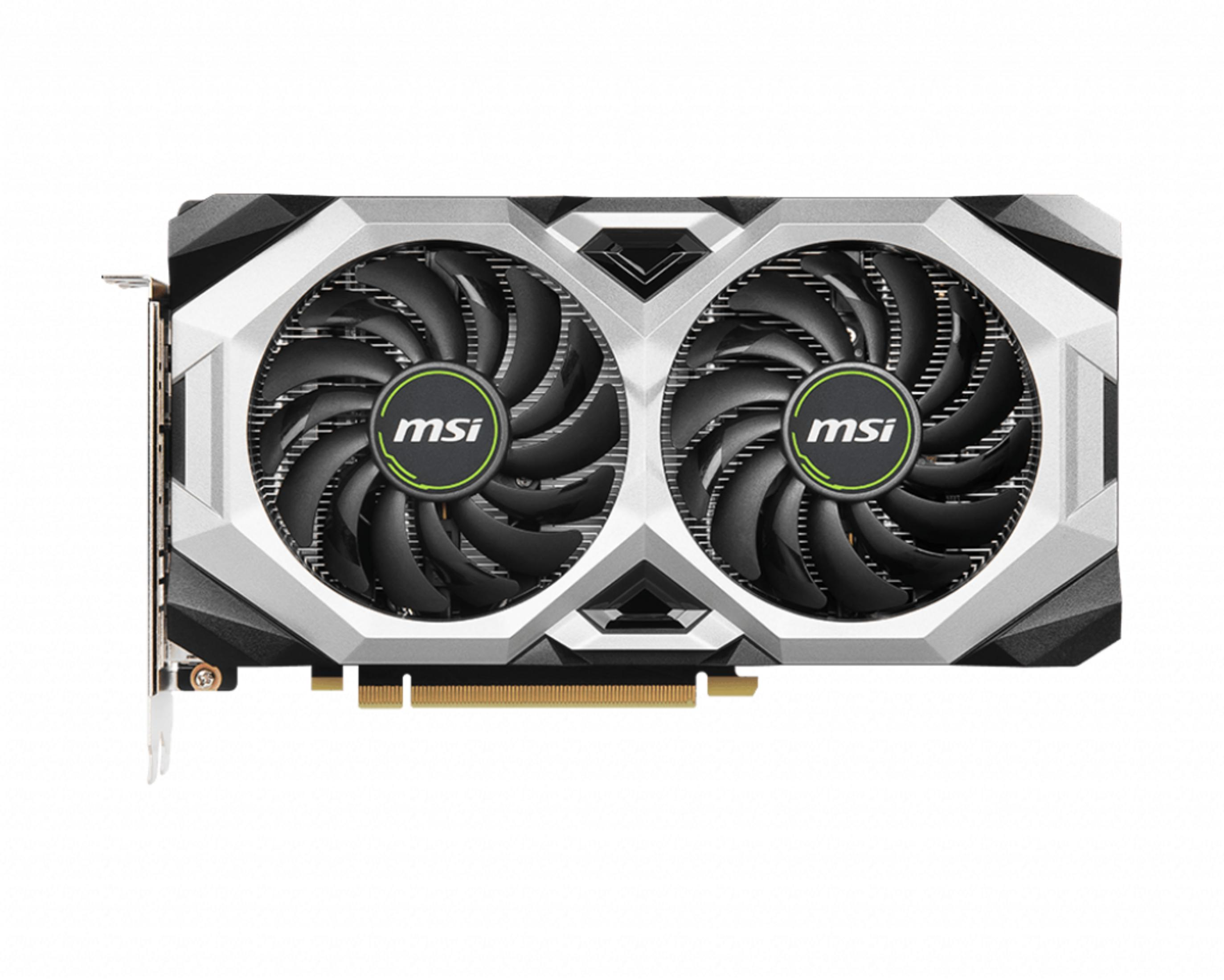 Eine silberne MSI-Grafikkarte mit zwei Lüftern und grünem MSI-Logo.