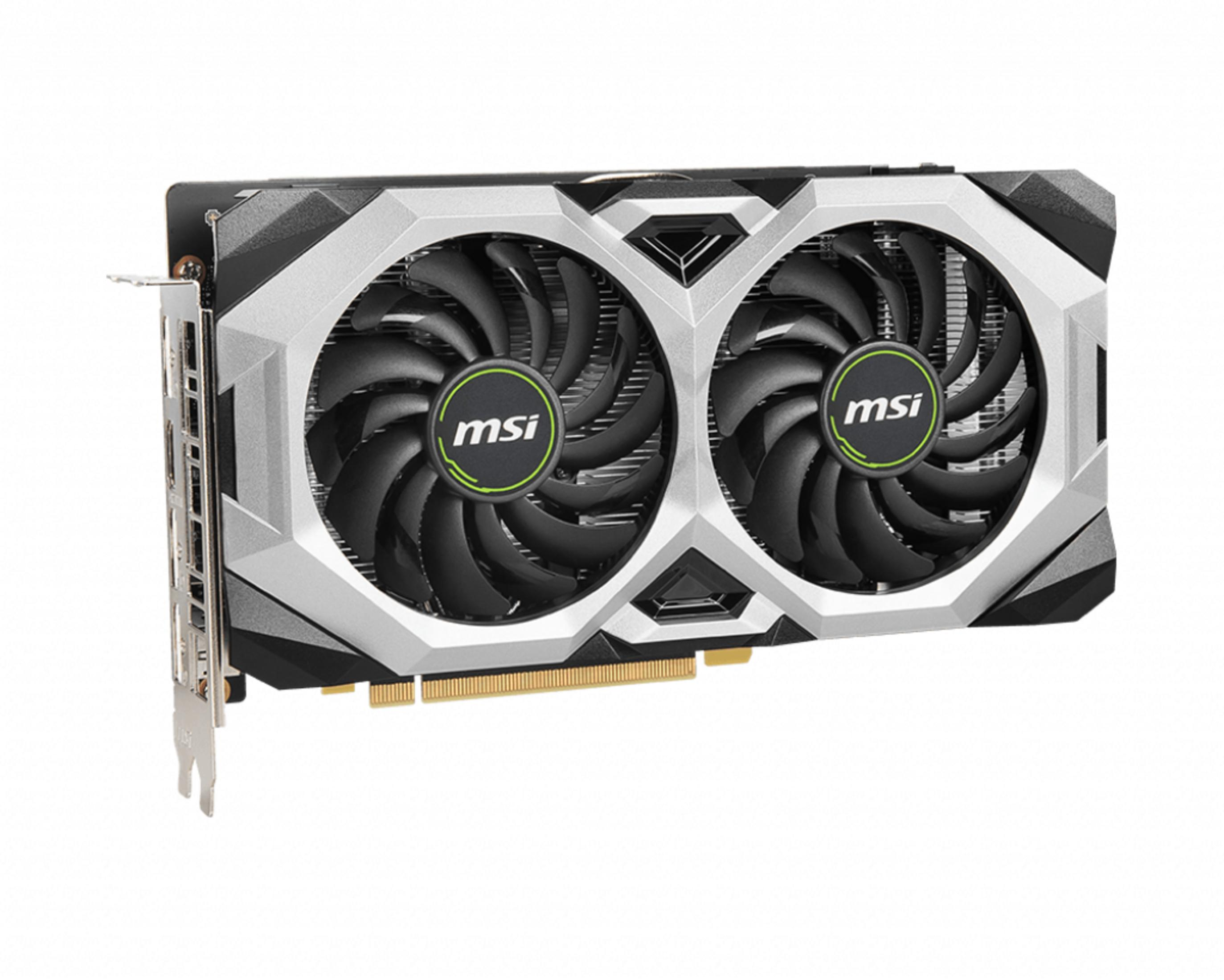 MSI-Grafikkarte mit zwei Lüftern, silbernem Gehäuse und schwarzen Akzenten.
