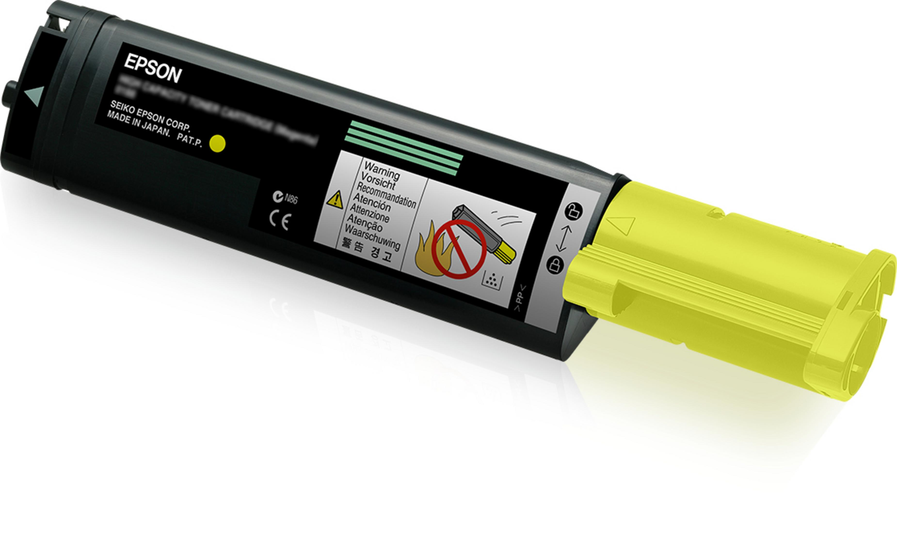 Cartucho de tóner Epson negro con tapa amarilla y símbolos de advertencia.