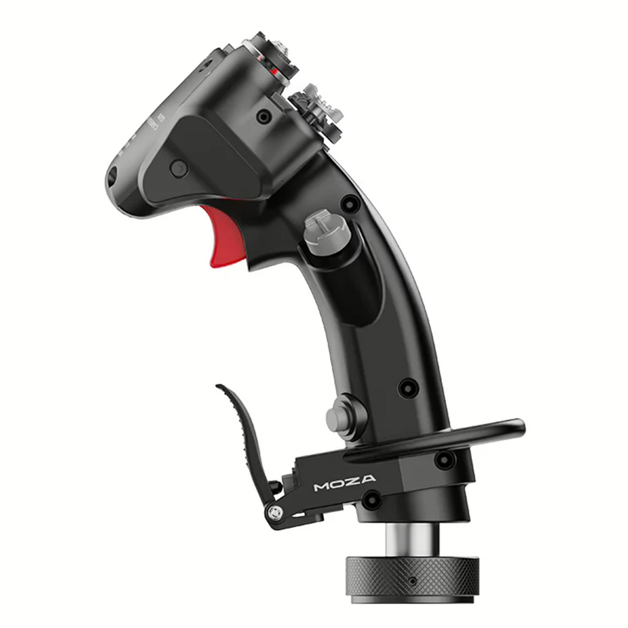 Joystick nero per simulatore di volo con grilletto rosso e pulsanti argentati.
