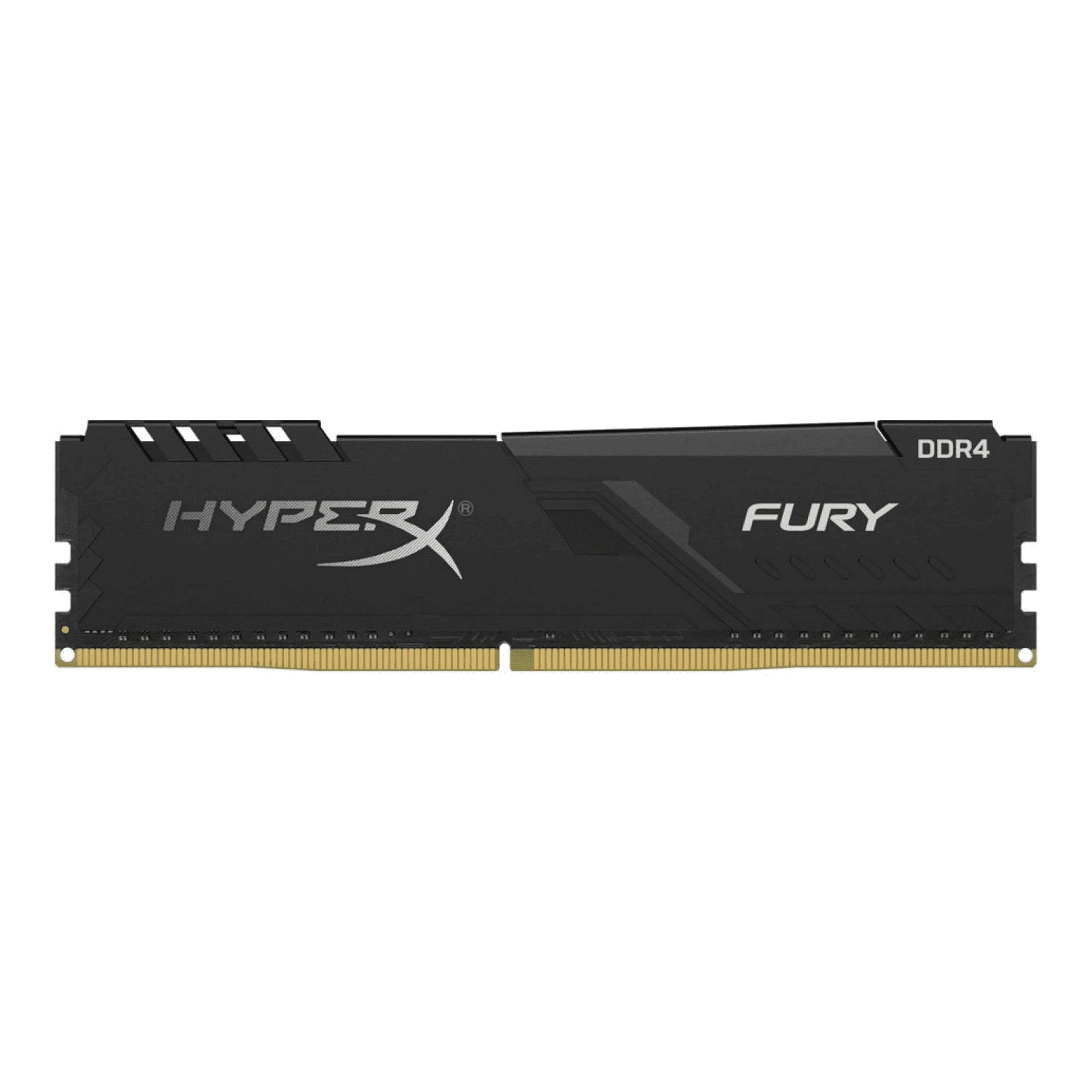 Un modulo RAM DDR4 nero con logo HyperX e marchio 'FURY'.