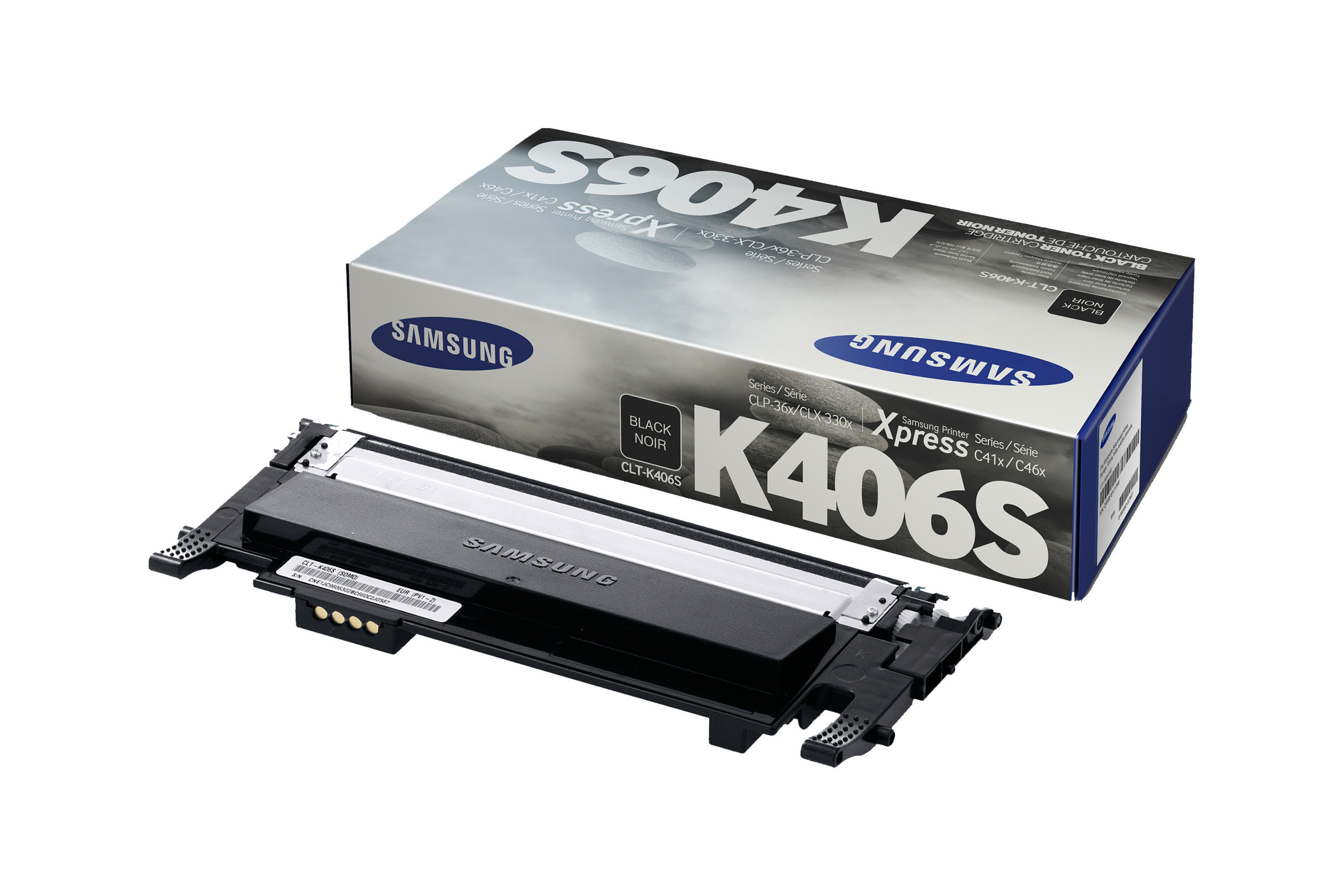 Una cartuccia toner Samsung nera giace davanti alla sua confezione grigia e nera, con il numero di modello K406S.