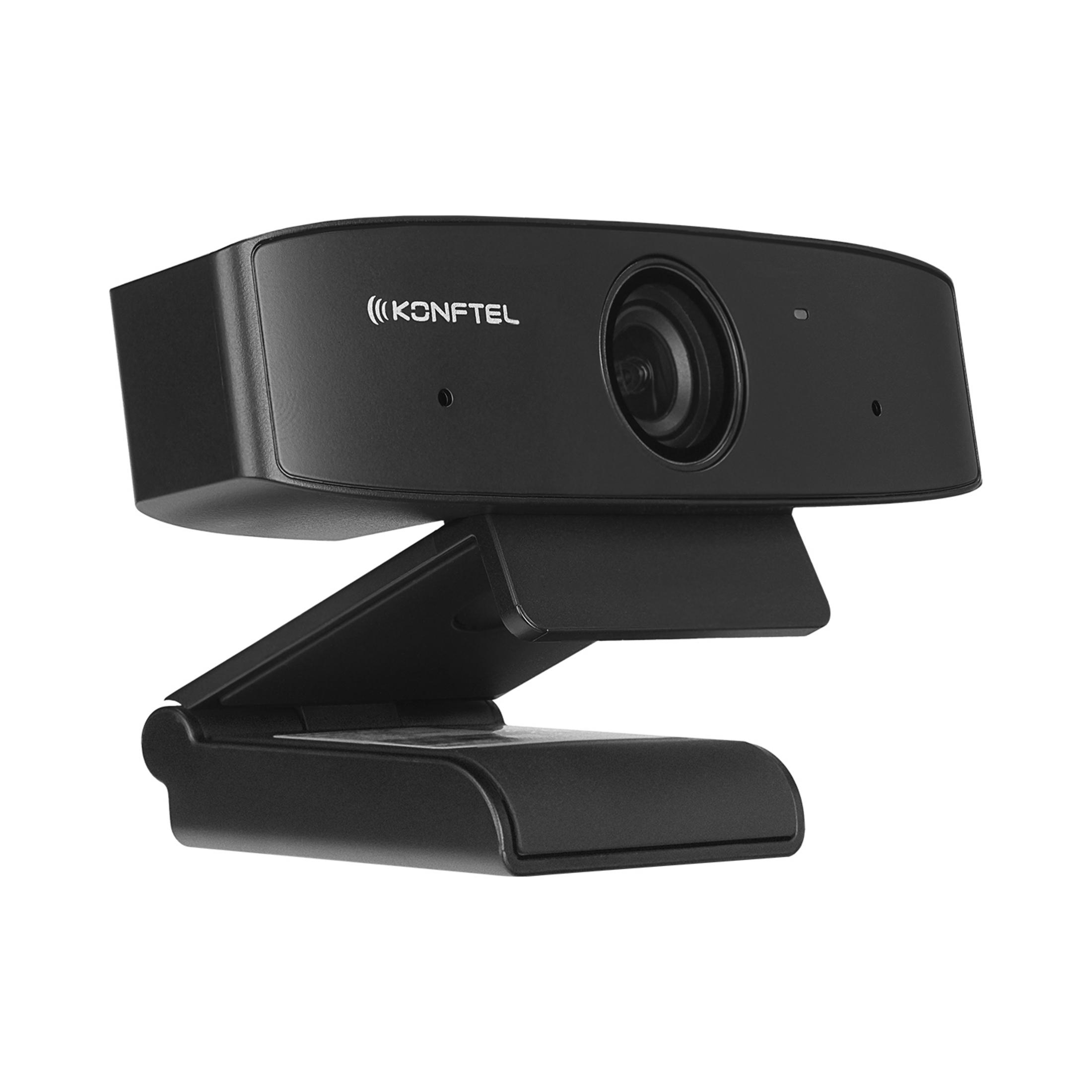 Una webcam Konftel nera con supporto e lente flessibili.