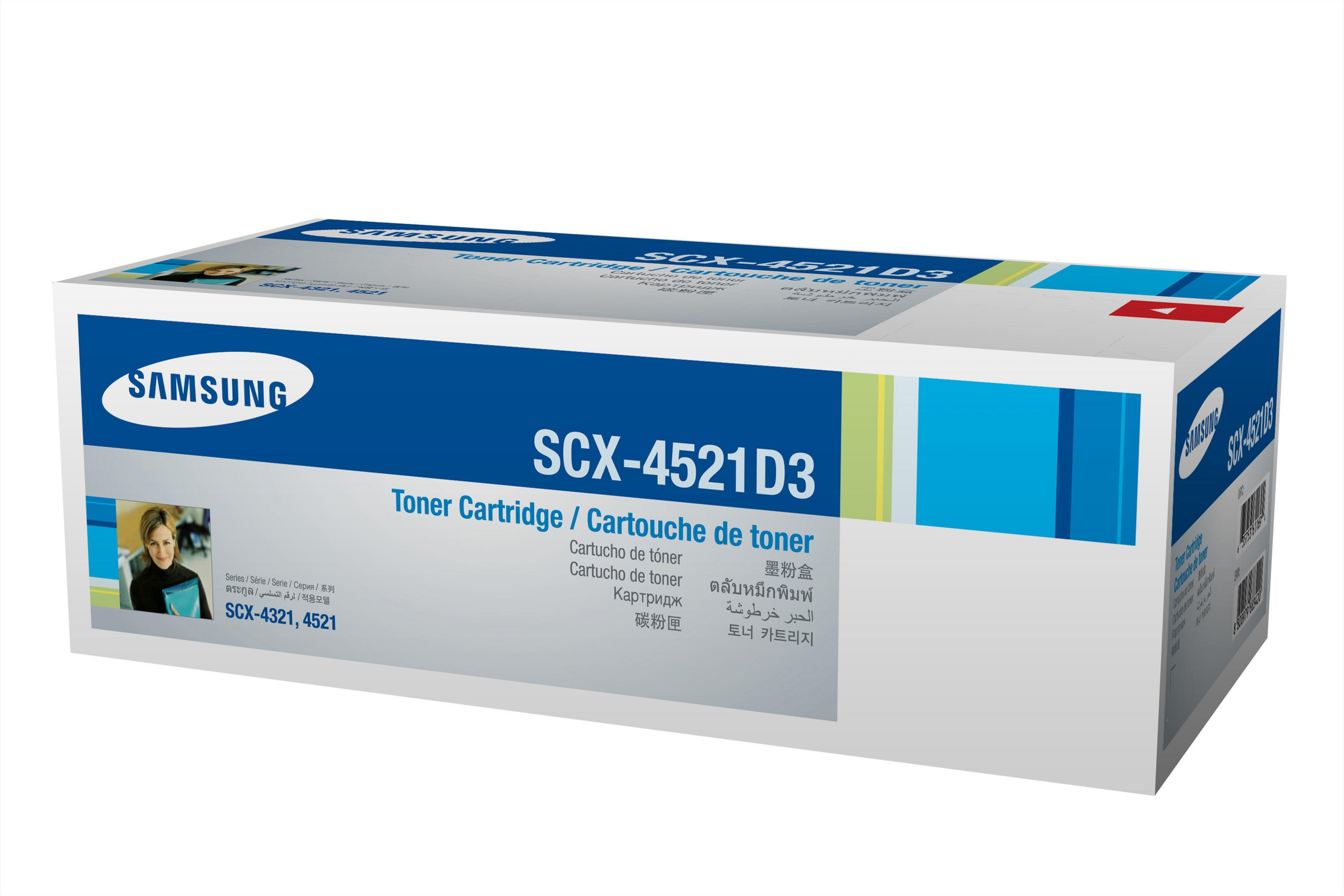 Samsung SCX-4521D3 Tonerkartusche. Weiße Box mit blauen und grünen Akzenten.