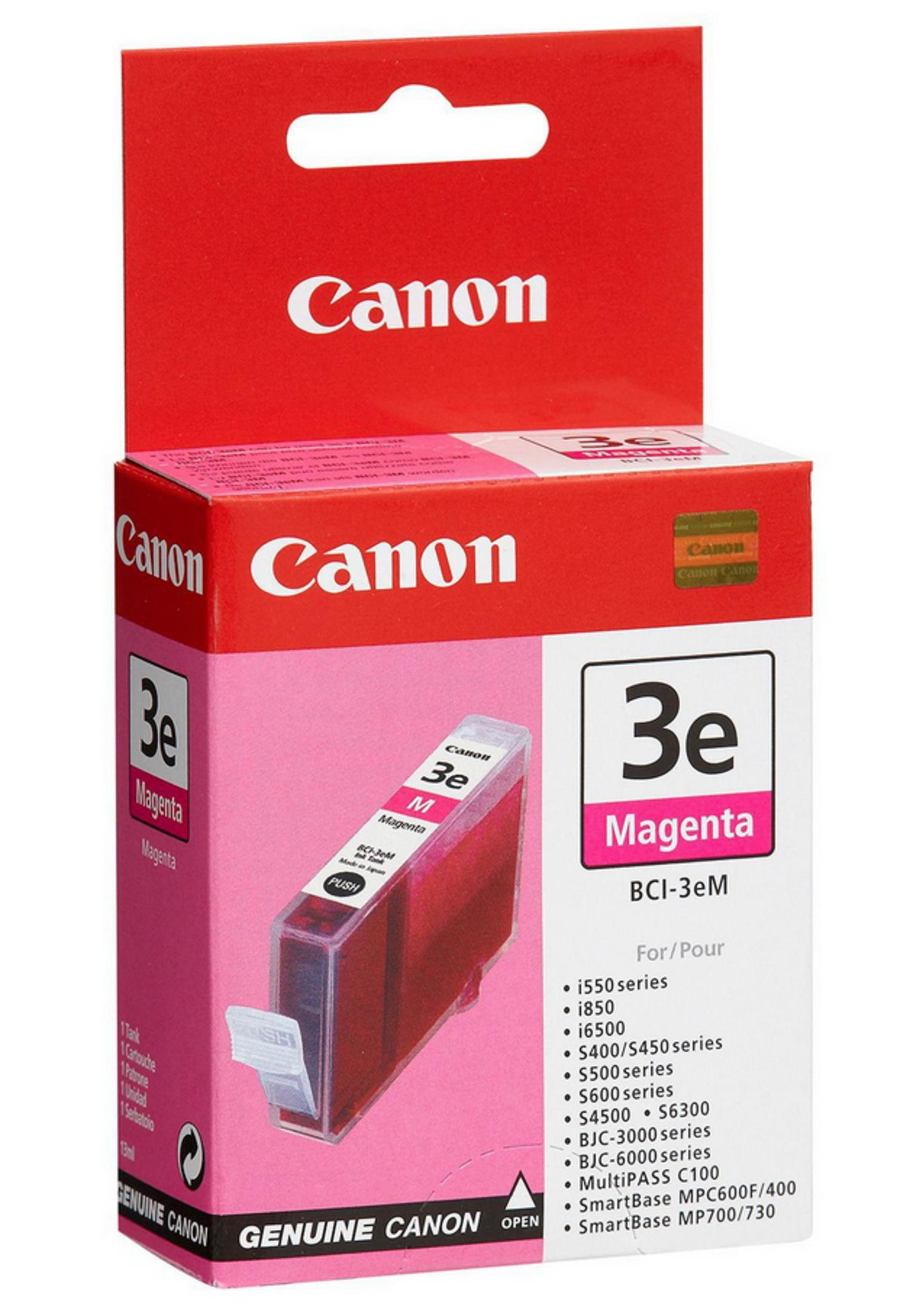 Cartuccia d'inchiostro Canon 3e Magenta su scatola rossa.
