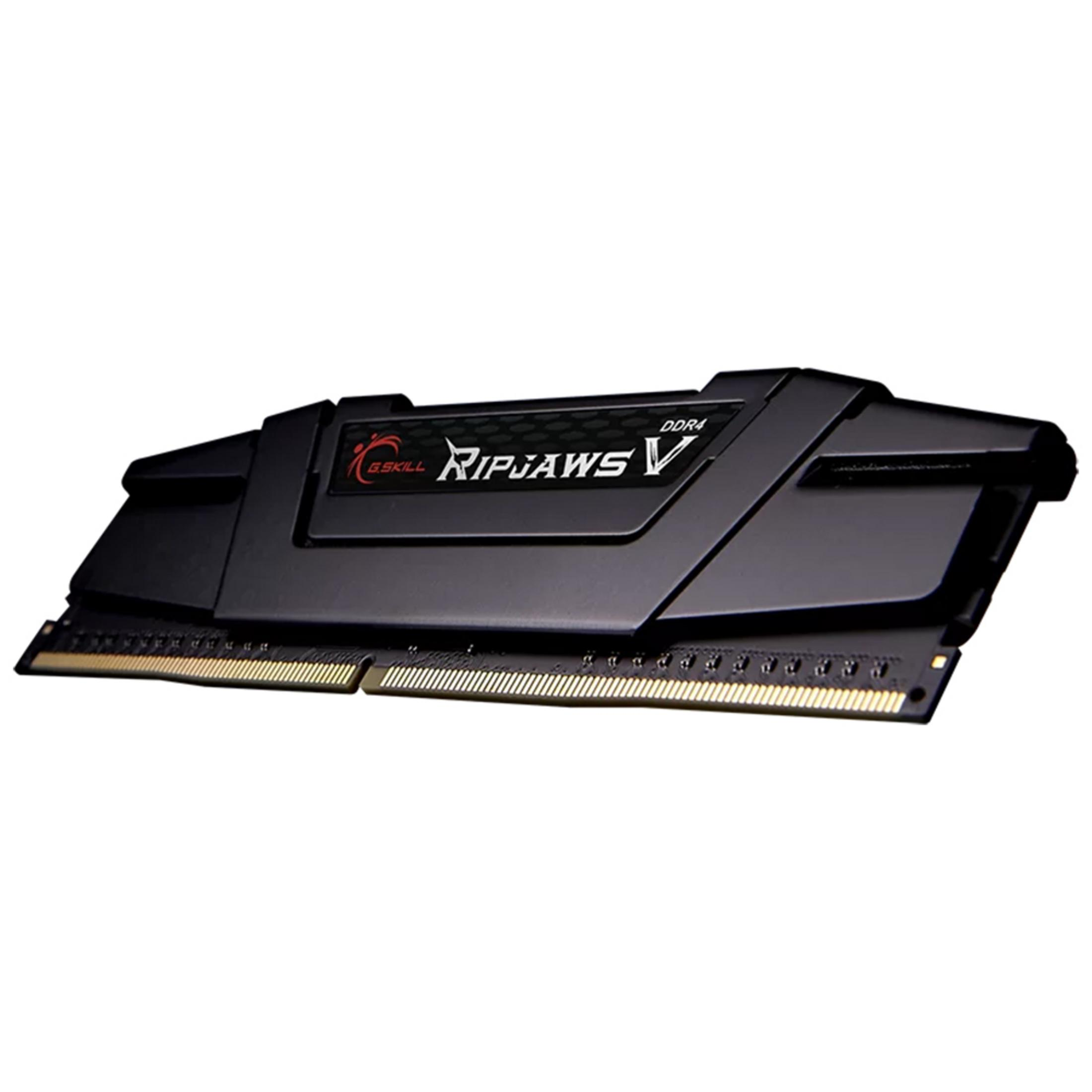 Czarny moduł RAM G.Skill Ripjaws V DDR4 ze złotymi stykami.