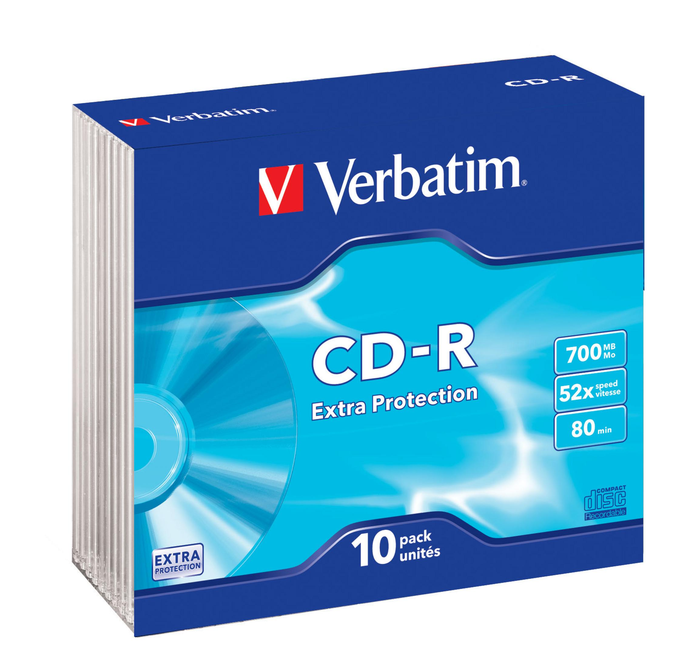 Opakowanie 10 szt. CD-R Verbatim, 700MB, 52x, z dodatkową ochroną.