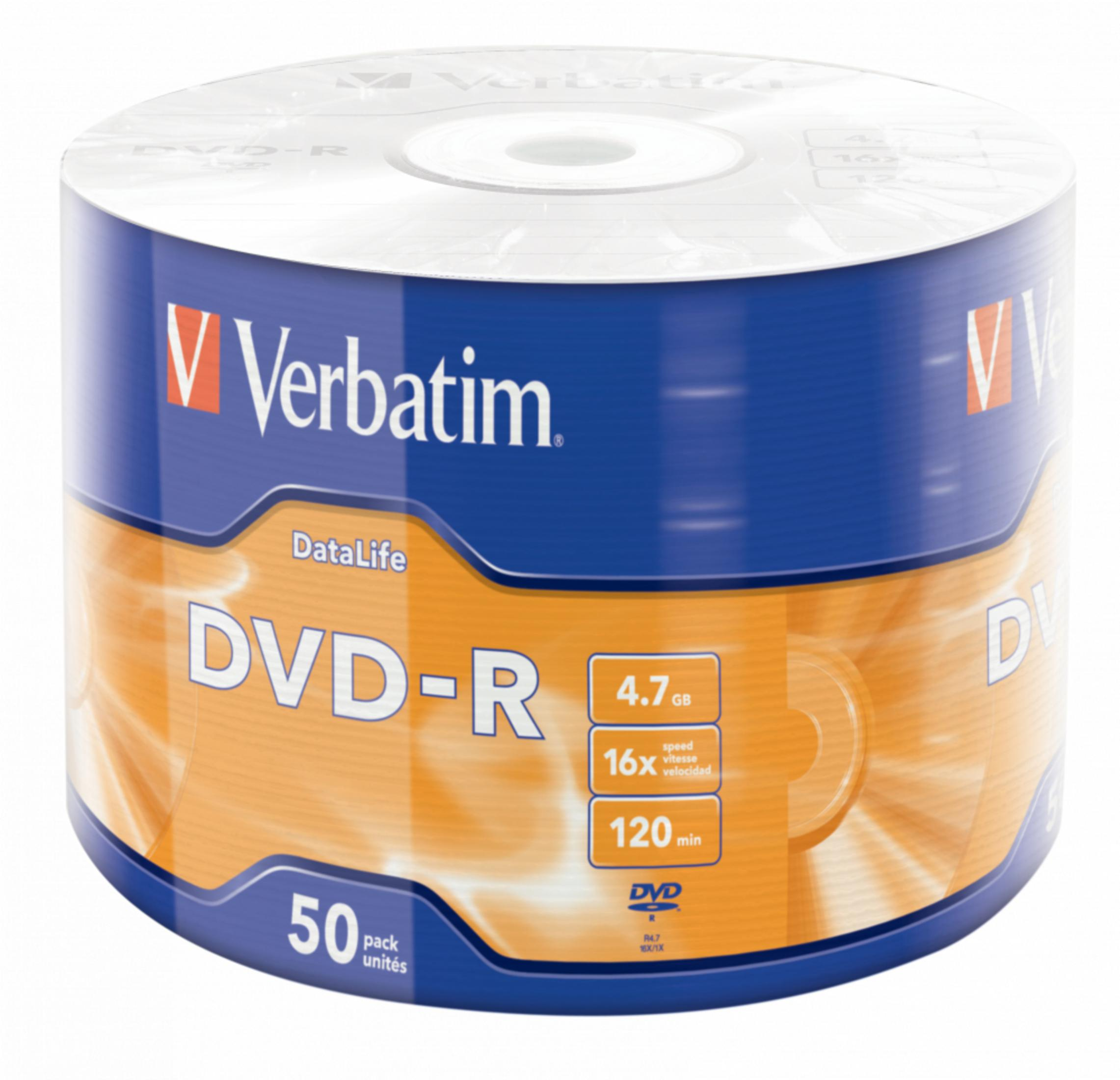 Verbatim DVD-R opakowanie 50 szt: pojemność 4,7 GB, prędkość 16x.