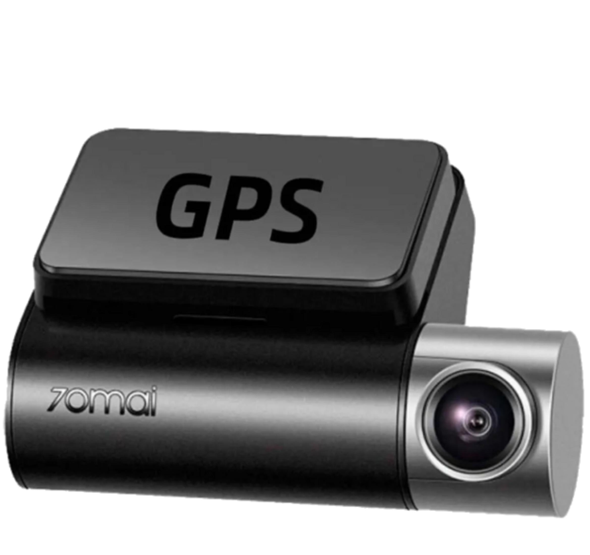 Czarna kamera samochodowa 70mai z modułem GPS na pierwszym planie.
