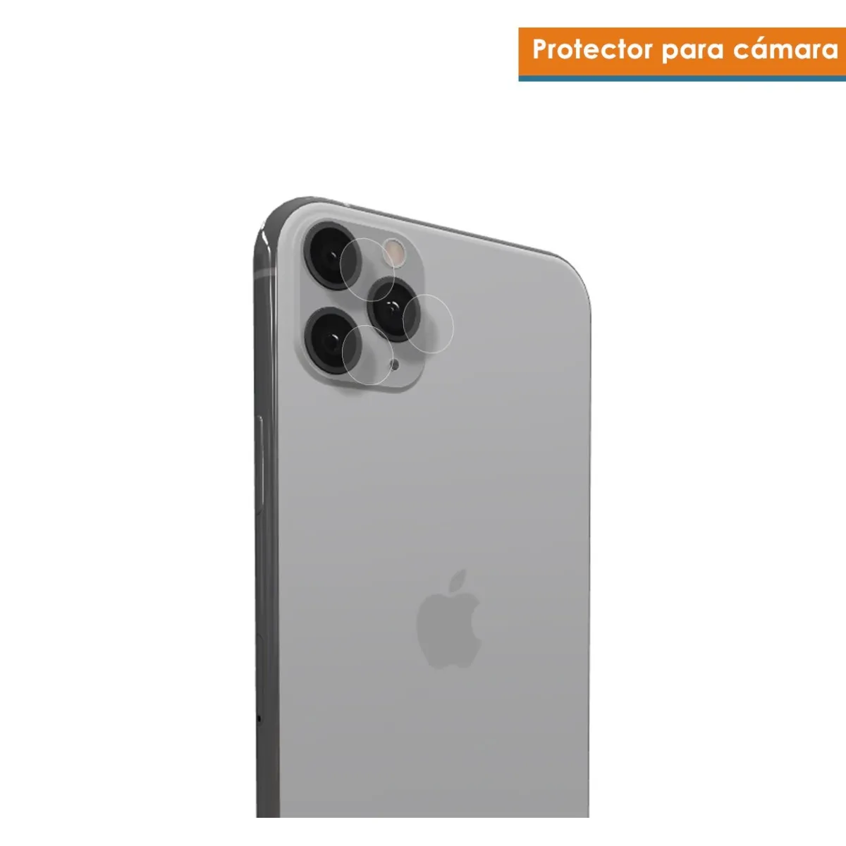 Tre lenti protettive rotonde sul retro di un iPhone grigio. Il logo Apple è visibile.