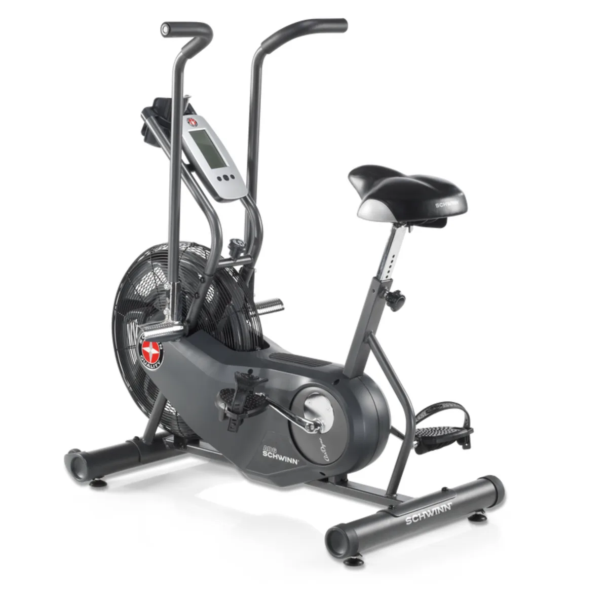 Un vélo à air Schwinn gris avec une grande roue de ventilateur et un écran LCD.