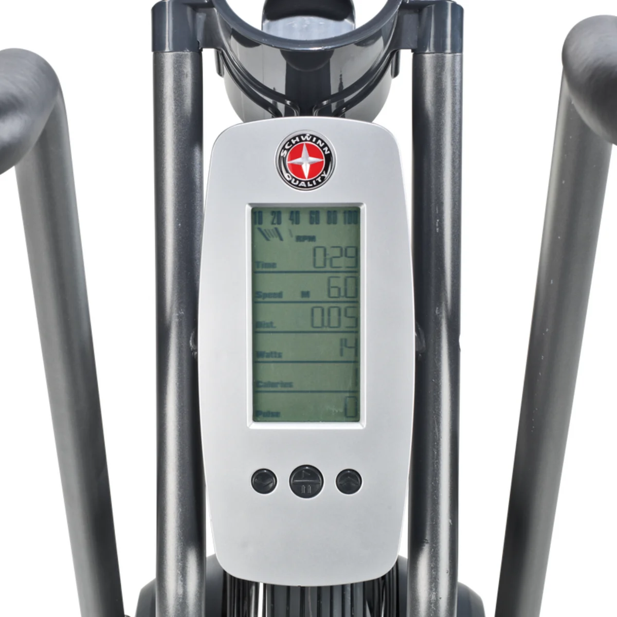 Une machine de fitness avec écran numérique affiche le temps, la vitesse, la distance, les watts et le pouls.