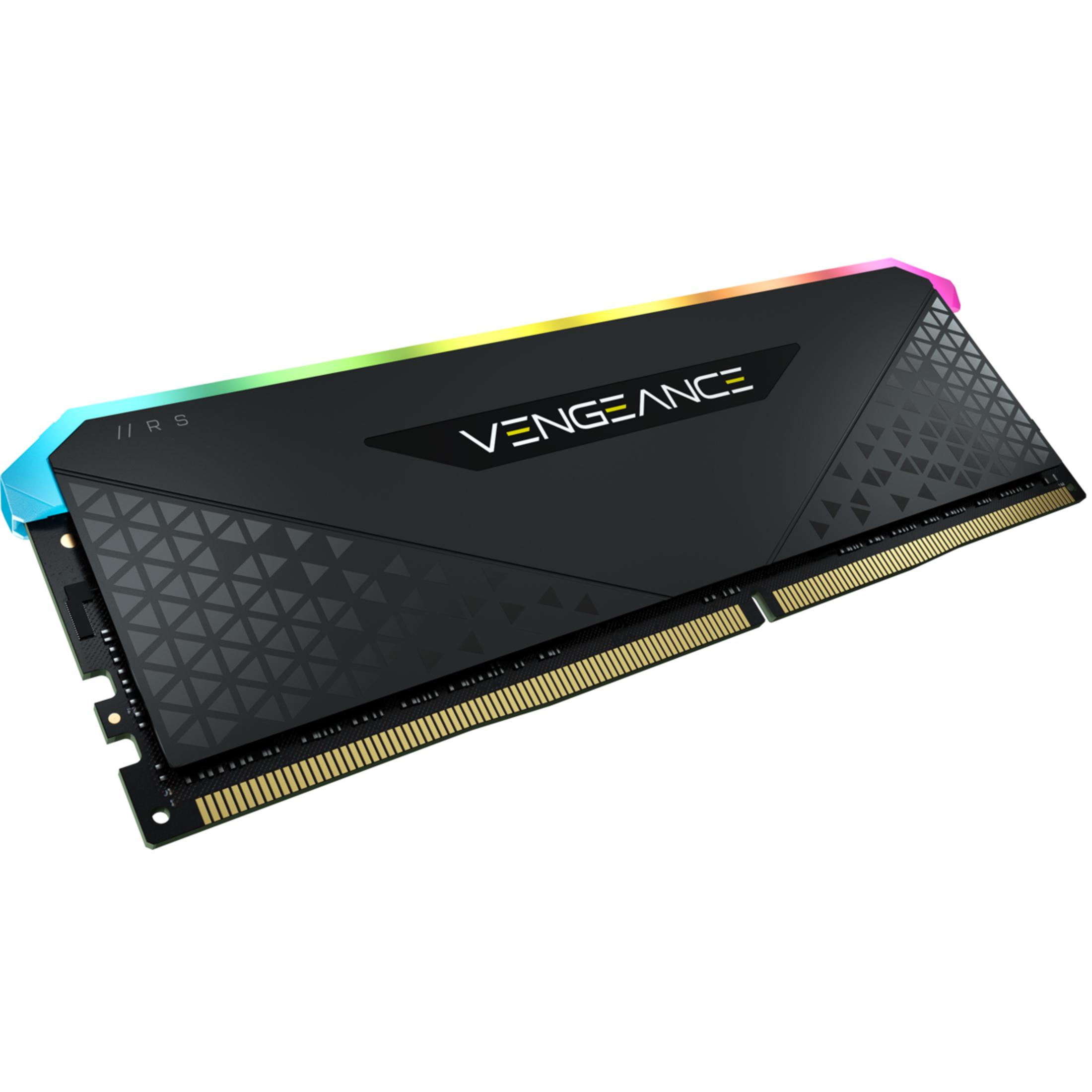 Modulo RAM nero con illuminazione RGB e logo 'VENGEANCE'.