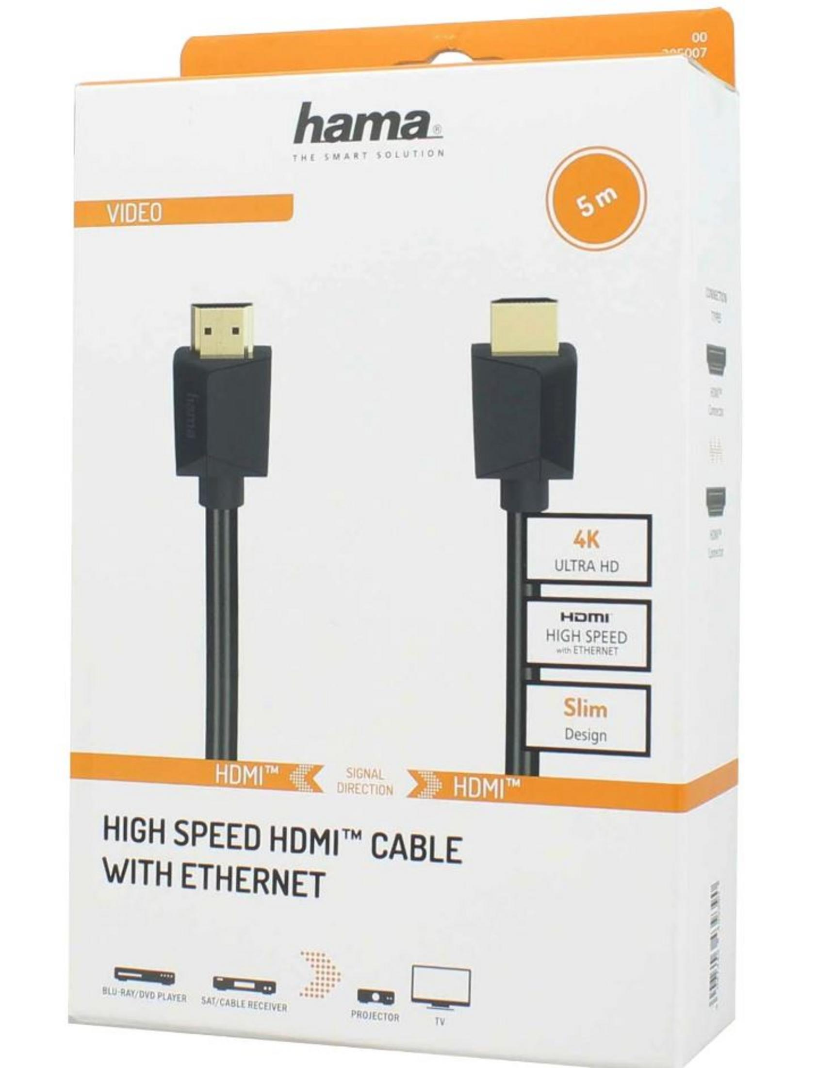 Emballage de câble HDMI Hama montre deux câbles noirs, longueur 5m, 4K, Haute Vitesse.
