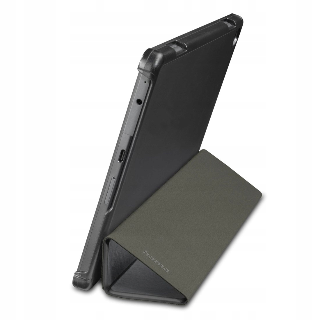 Czarny tablet w szarej obudowie służącej jako podstawka.