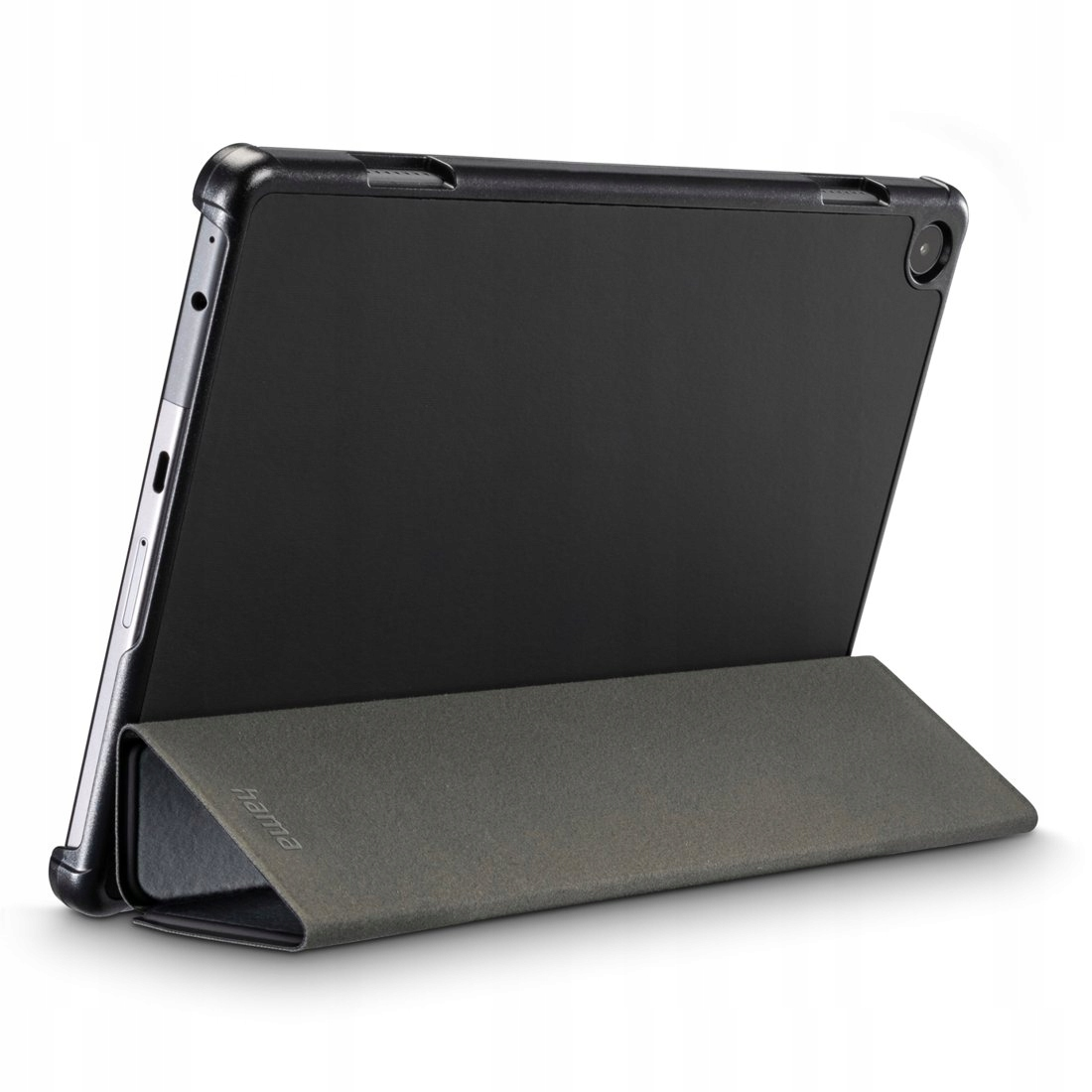 Czarny tablet w szarej obudowie z podstawką na białym tle.