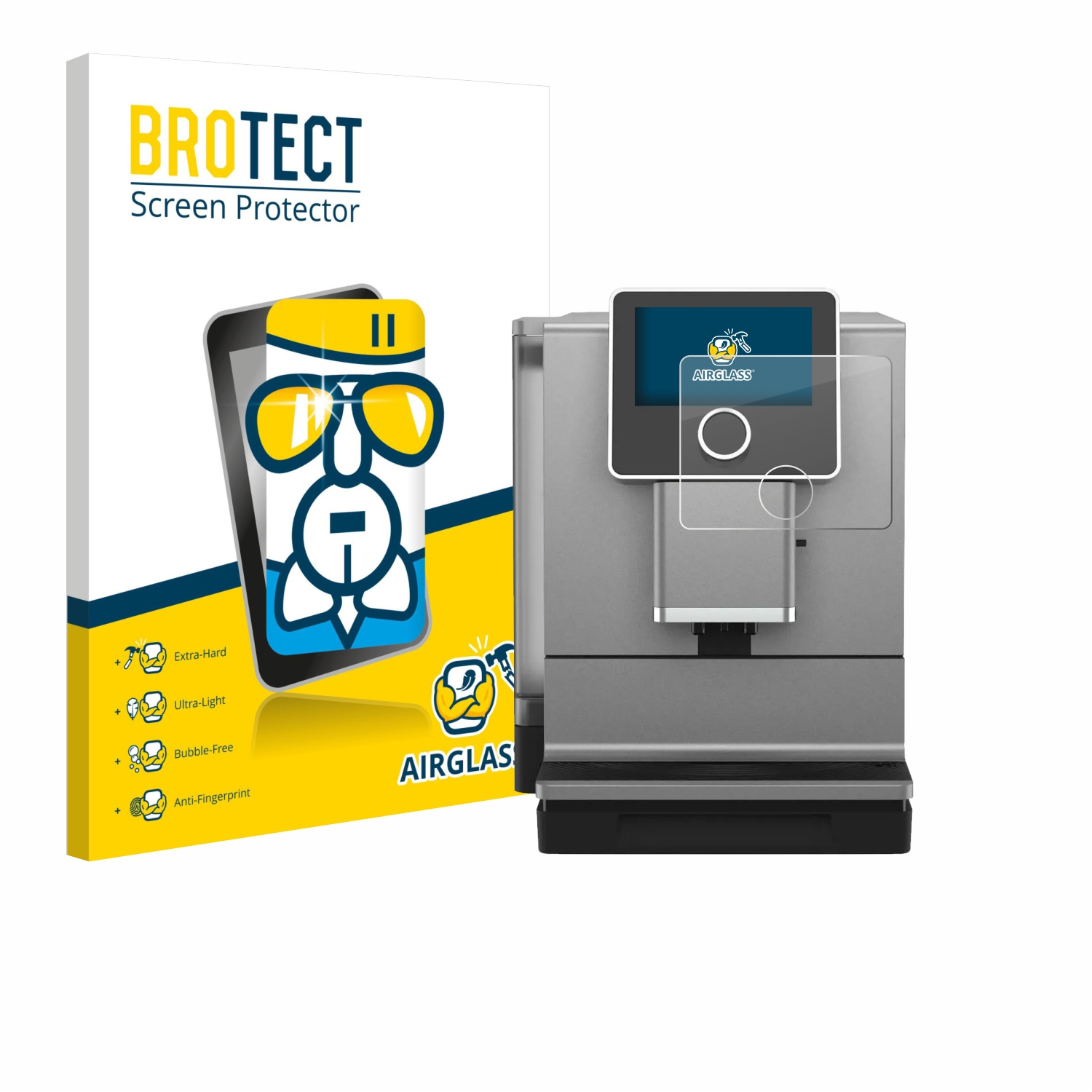 BROTECT Displayschutzfolie für eine Kaffeemaschine. Auf der Verpackung sind Merkmale wie Extra-Hart, Ultra-Leicht, Blasenfrei, Anti-Fingerabdruck.