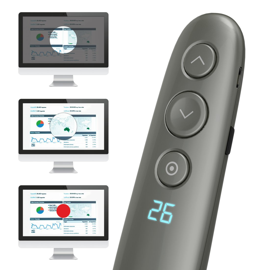 Szary presenter z trzema przyciskami i cyfrowym wyświetlaczem "26" obok trzech monitorów z wykresami.