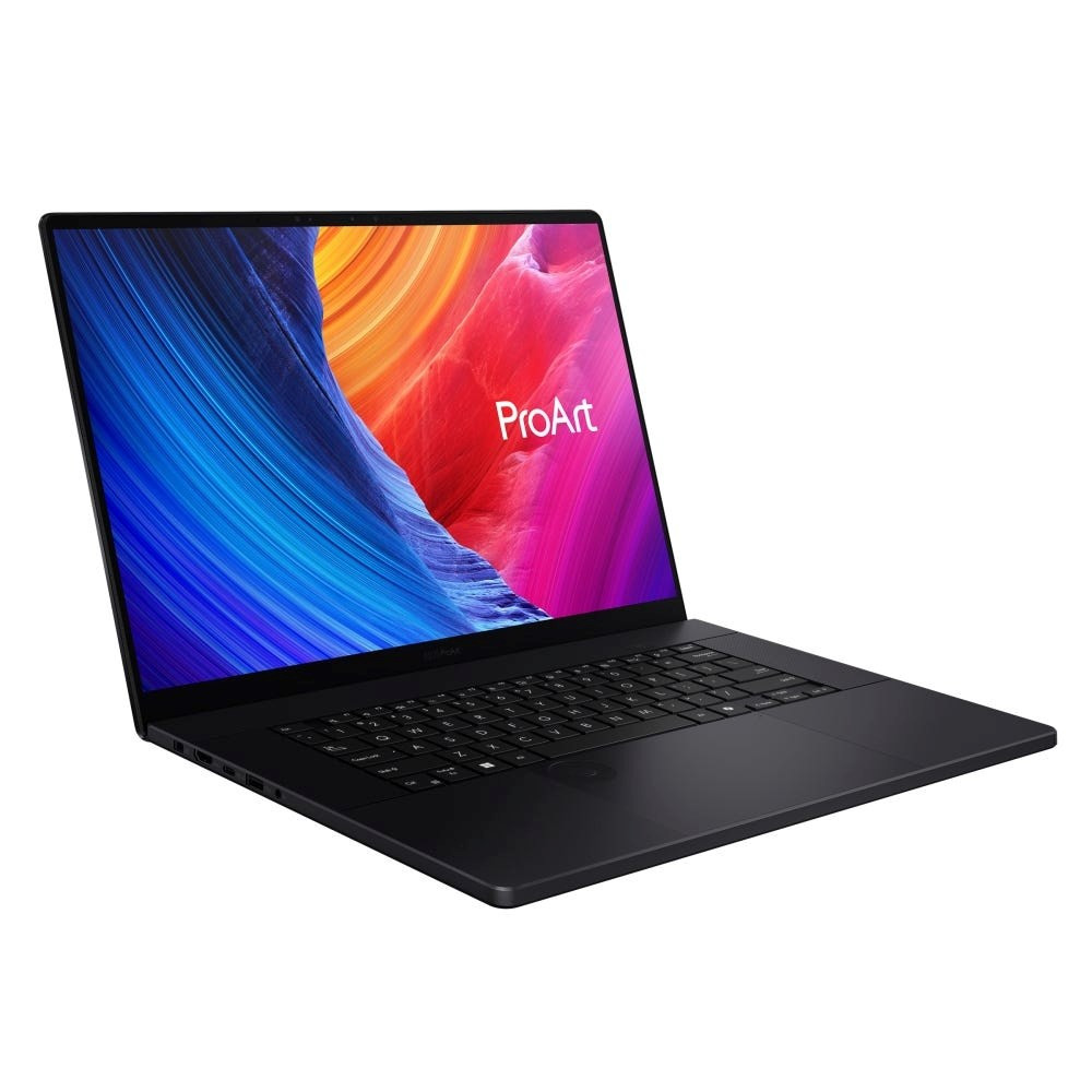 Czarny laptop Asus ProArt z kolorową tapetą.