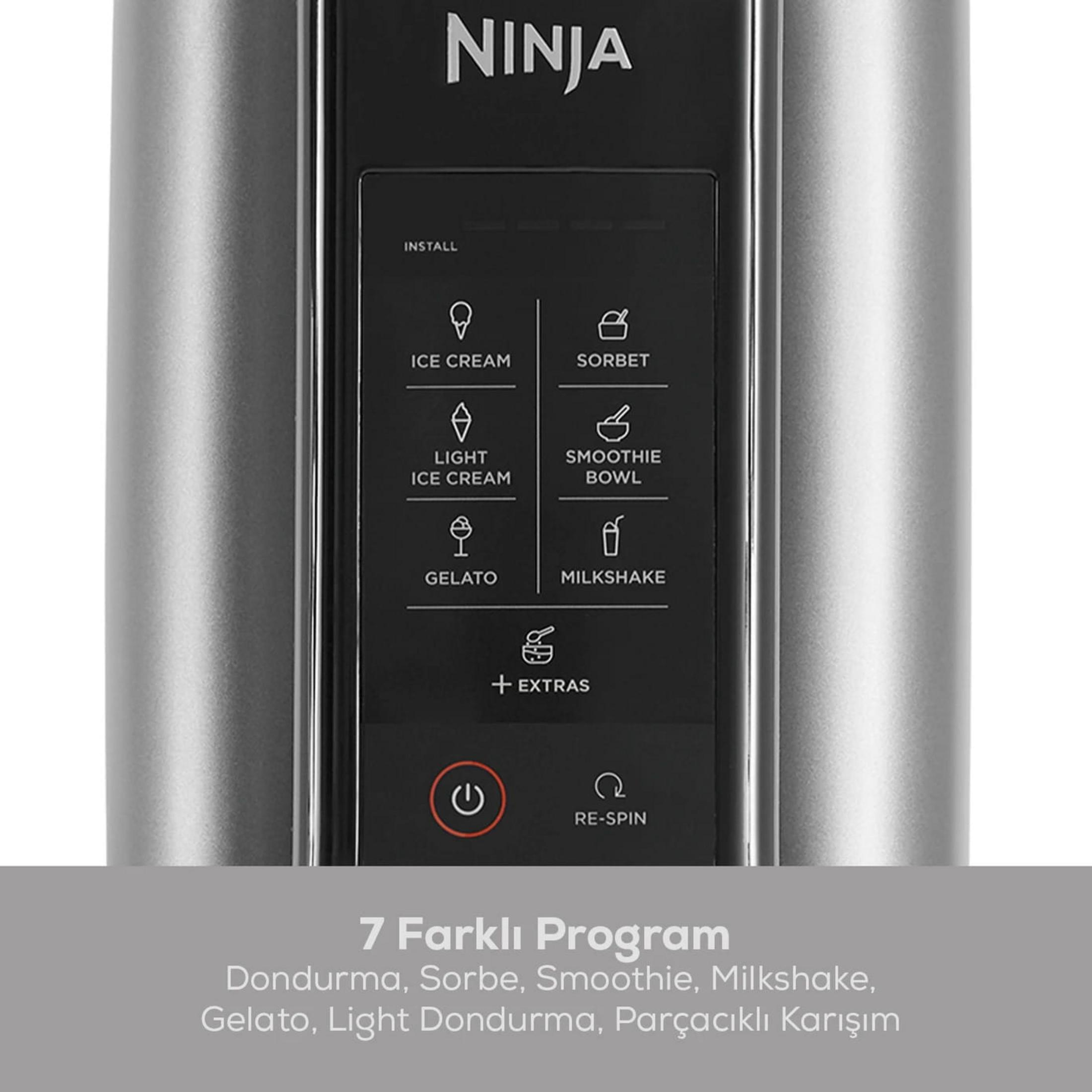 A Ninja blender control panel showing options like Ice Cream, Sorbet, Smoothie, Milkshake.