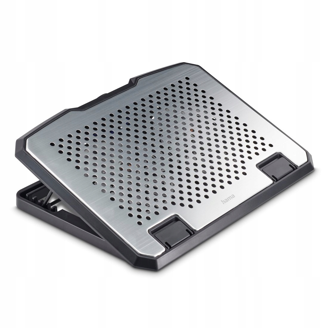 Srebrna podstawka chłodząca do laptopa z perforowaną powierzchnią.