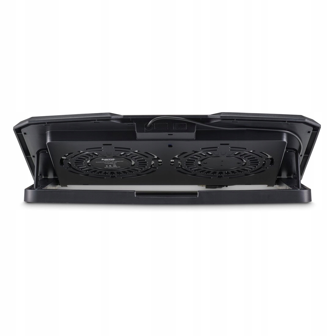 Czarna podkładka chłodząca do laptopa z dwoma wentylatorami.