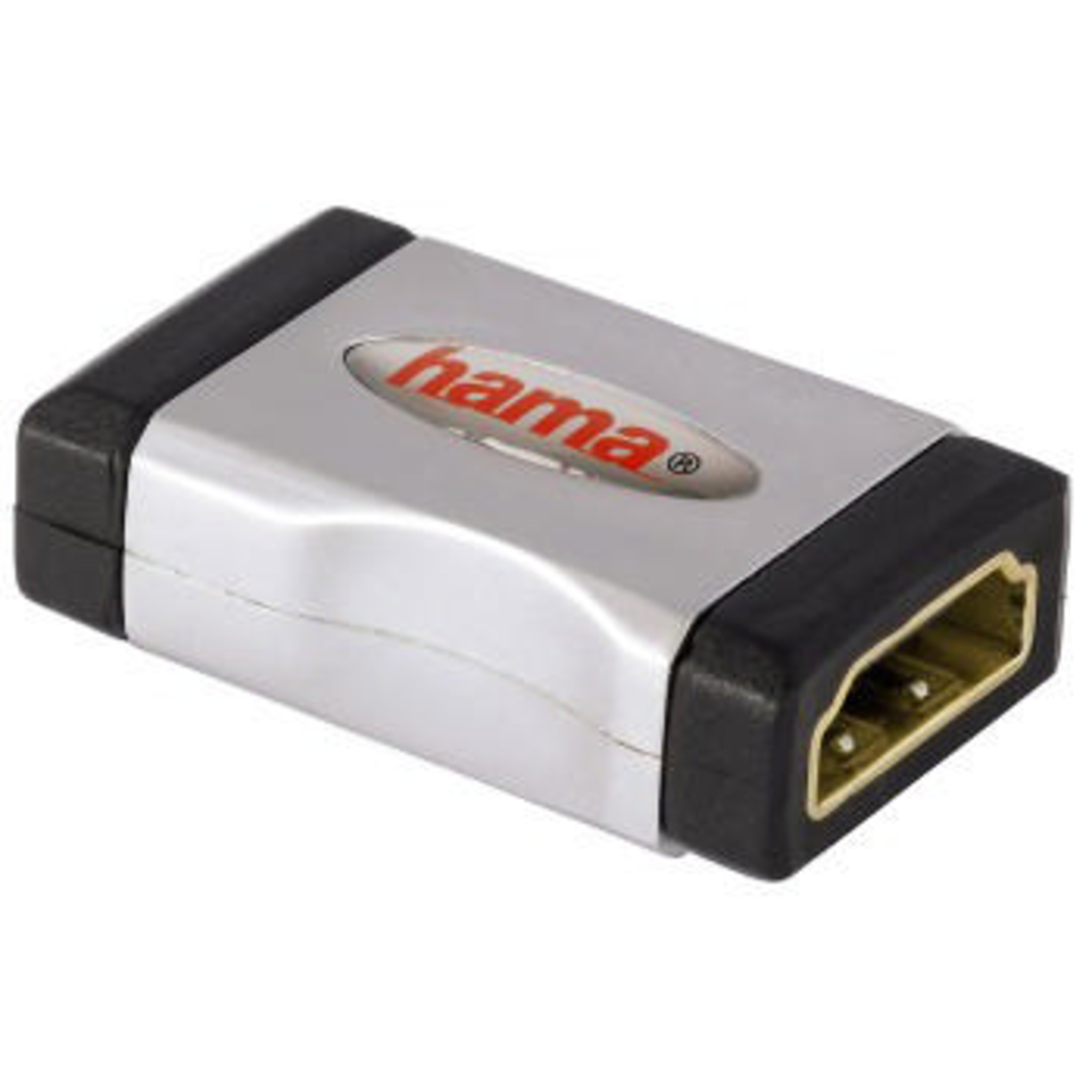 Un adattatore HDMI argentato con estremità nere e logo Hama rosso.