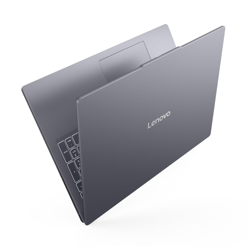 Szary laptop Lenovo, pokazany z góry na białym tle.