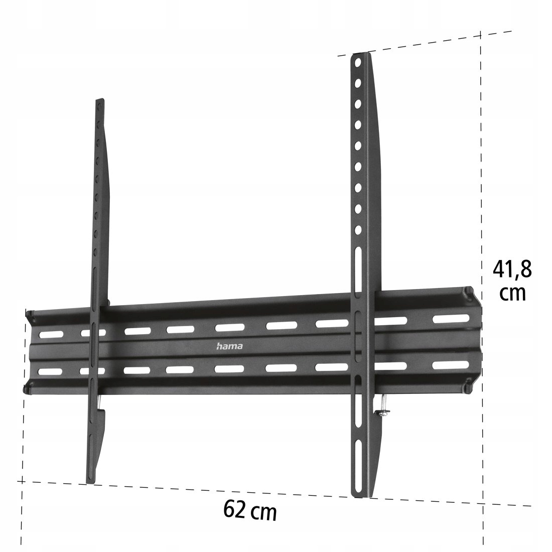 Czarny uchwyt ścienny do TV o wymiarach 62 cm i 41,8 cm.