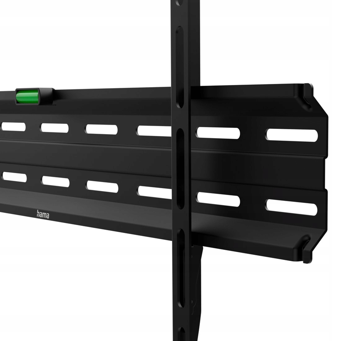 Czarny uchwyt ścienny z poziomicą, logo Hama i otworami.