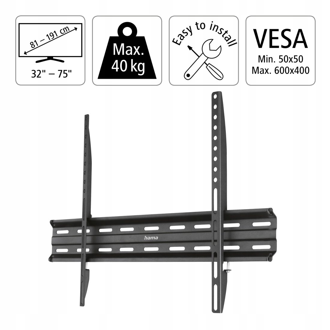 Czarny uchwyt ścienny do TV 32-75 cali, maks. 40kg.