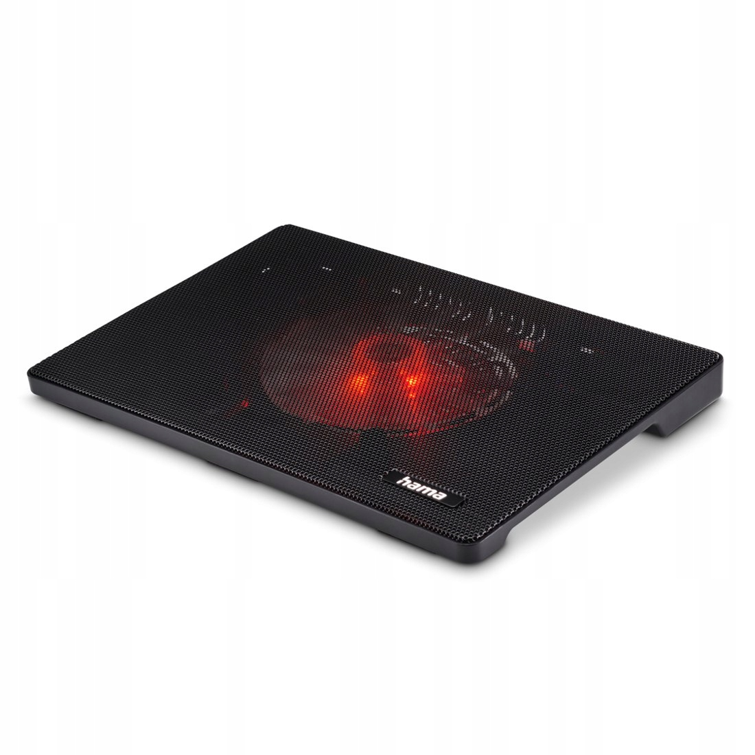 Czarna podkładka chłodząca Hama z czerwonymi podświetlanymi wentylatorami, na białym tle.