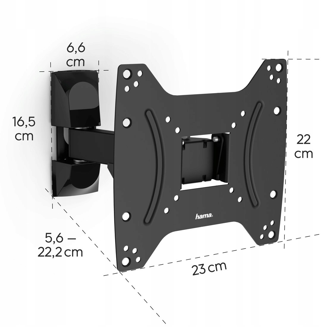 Czarny uchwyt ścienny z wymiarami: 6,6 cm, 16,5 cm, 22 cm, 23 cm.