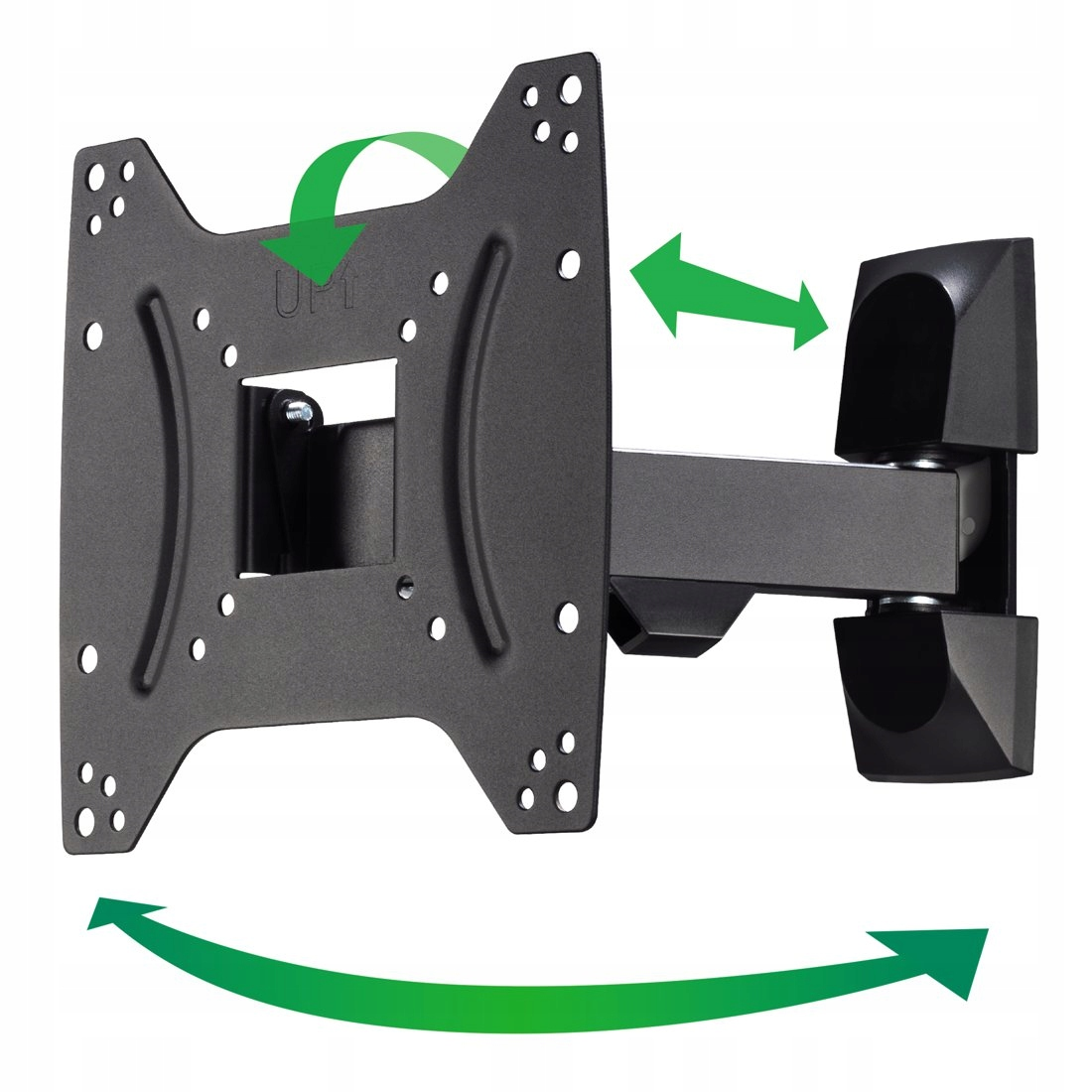 Czarny uchwyt ścienny do telewizora z regulowanym ramieniem, obrotowy i wysuwany.