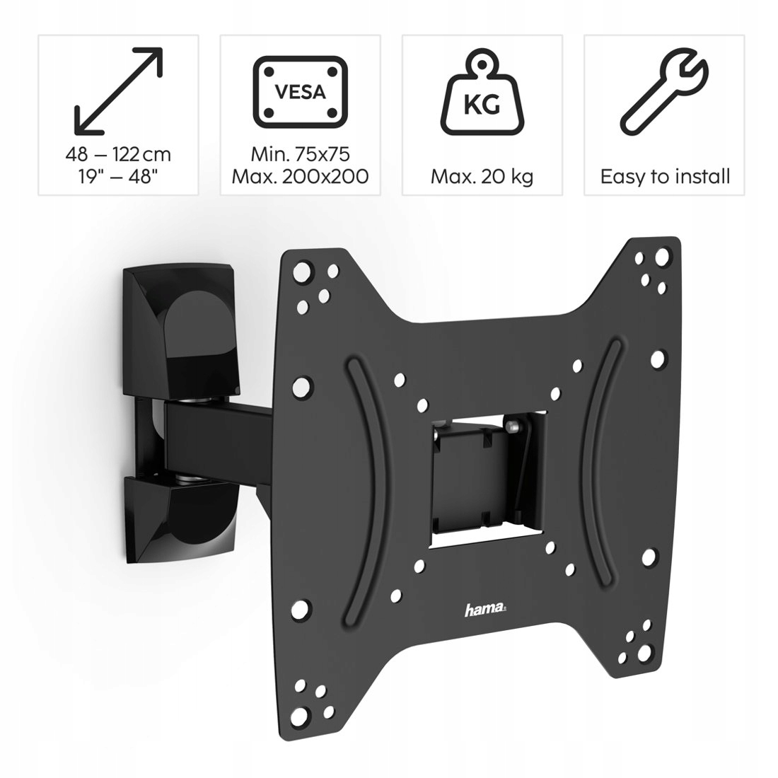 Czarny uchwyt ścienny do TV dla ekranów 48-122 cm, max 20 kg, VESA 75x75-200x200.