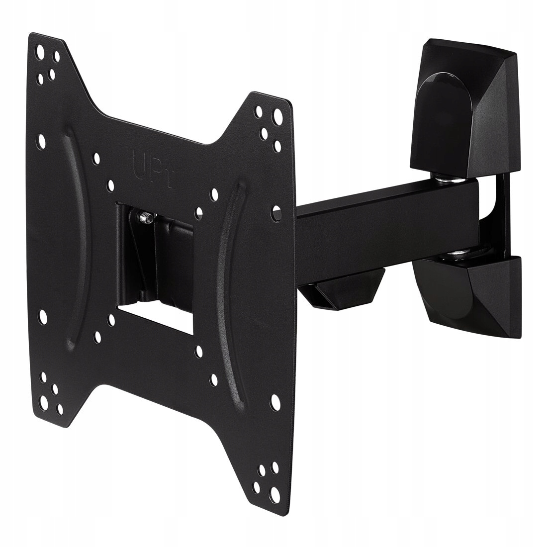 Czarny uchwyt ścienny do telewizora z wysuwanym ramieniem i przegubem.