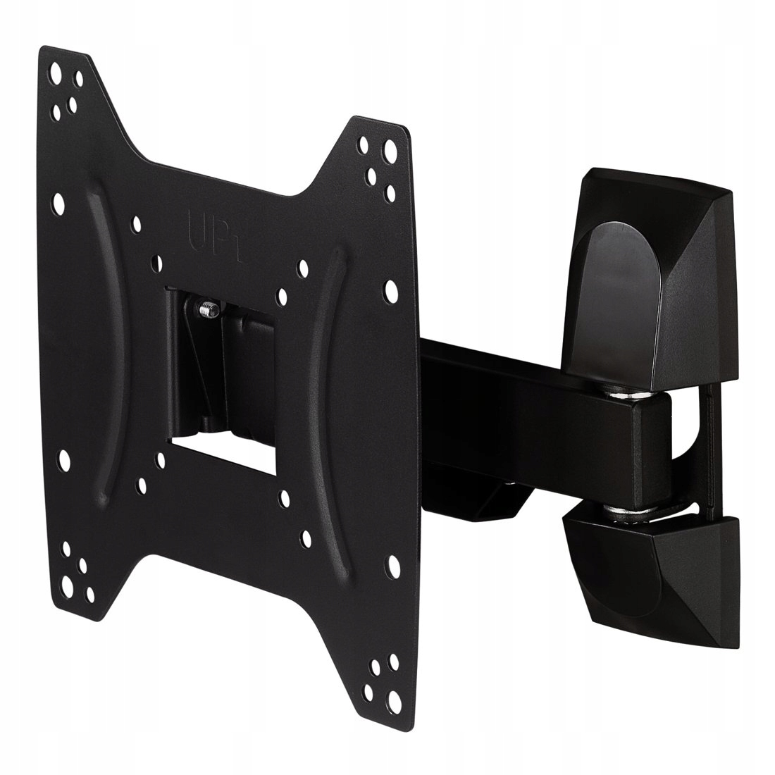 Czarny uchwyt ścienny z regulowanym ramieniem i płytą VESA.