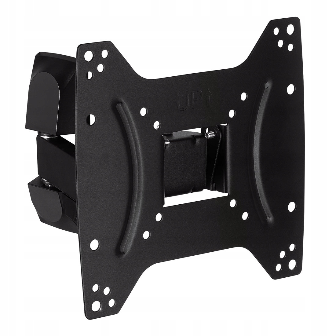 Czarny uchwyt ścienny do telewizora lub monitora, z wieloma otworami na śruby i przegubowym ramieniem po lewej stronie.