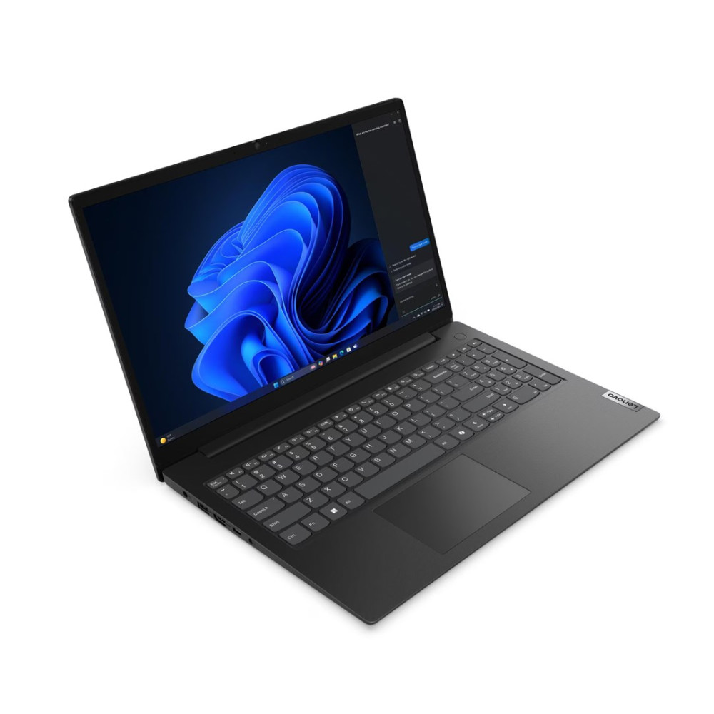 Czarny laptop Lenovo z niebieską tapetą na ekranie.