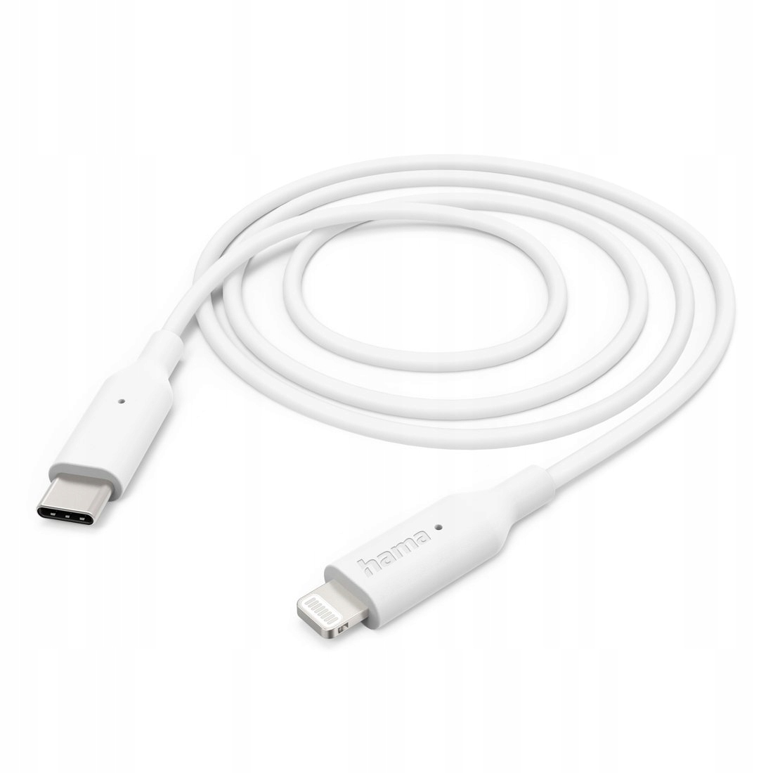 Un câble USB-C vers Lightning blanc sur fond blanc.