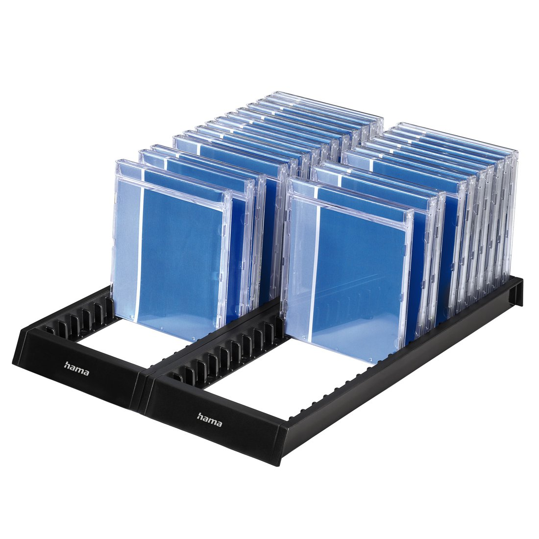 Czarny stojak na płyty CD z wieloma niebieskimi etui.