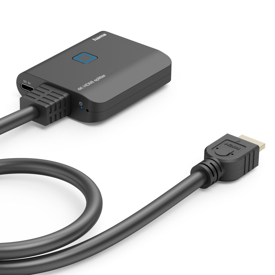 Czarny rozdzielacz HDMI Hama 4K z kablem i złączem HDMI.