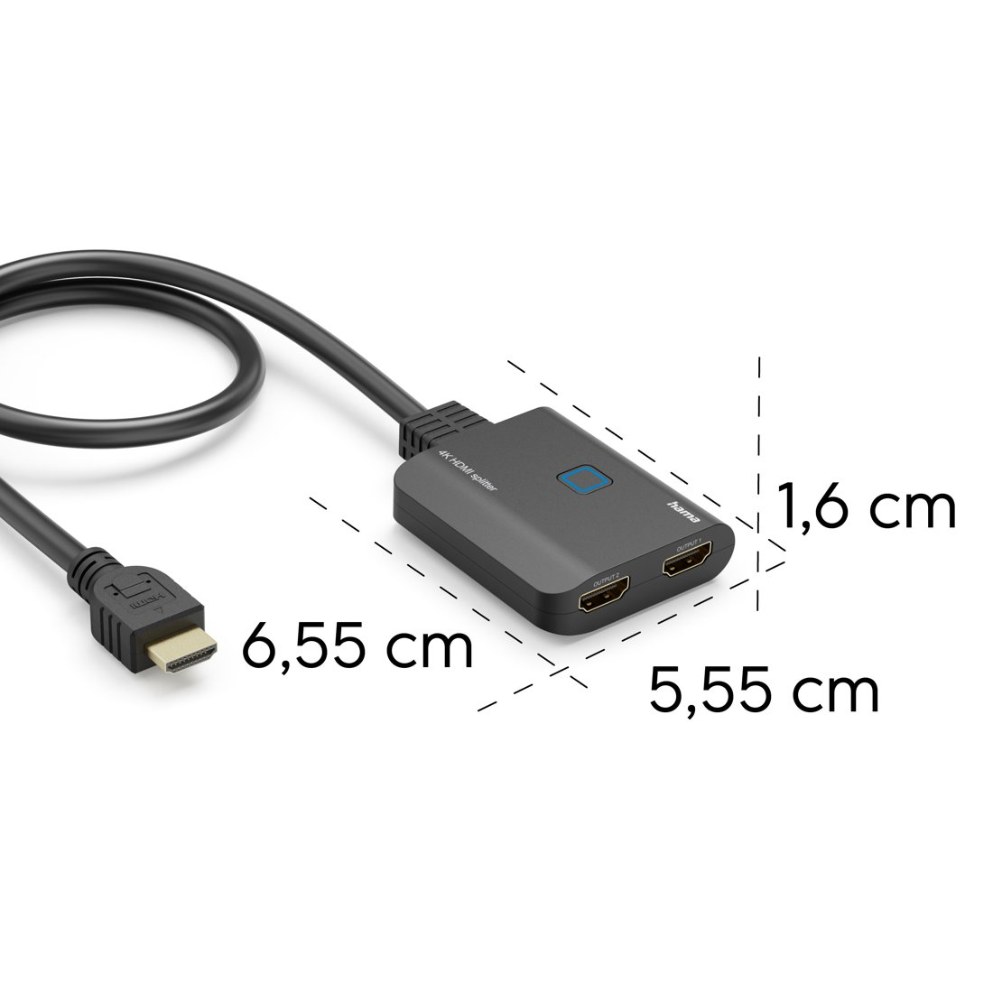 Czarny rozdzielacz HDMI 4K z kablem i portami.