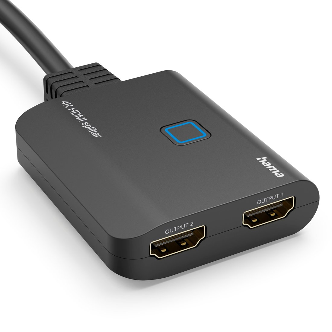 Czarny rozdzielacz HDMI 4K firmy Hama z dwoma wyjściami.