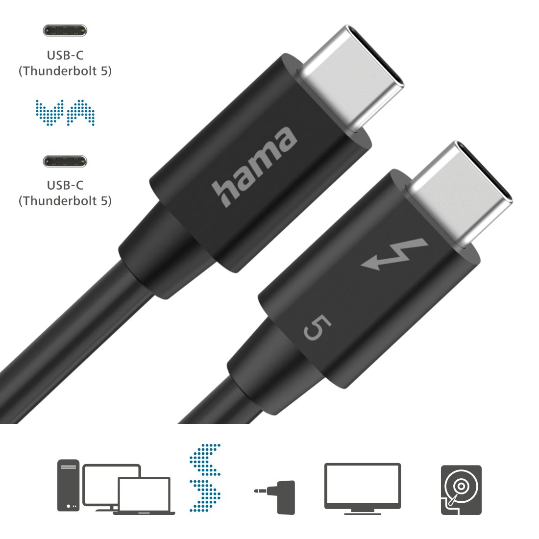 Czarny kabel Hama USB-C Thunderbolt 5 z dwoma złączami.
