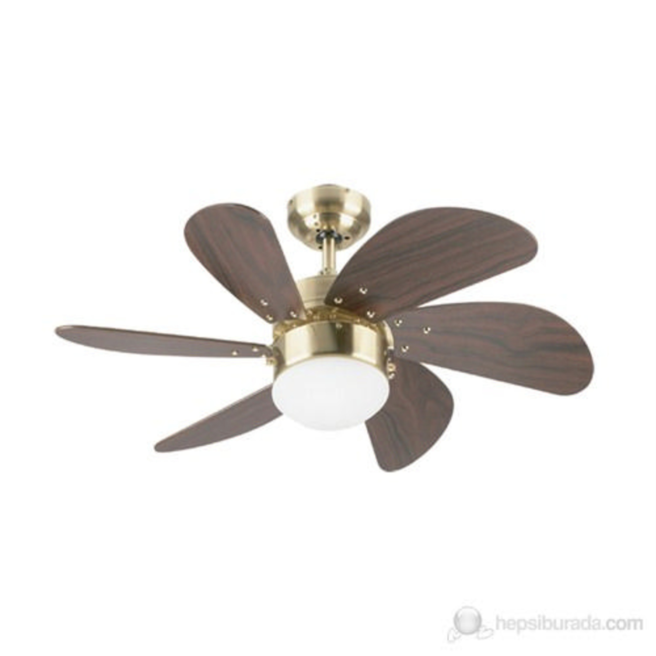 Deckenventilator mit Holzflügeln und Messinggehäuse.