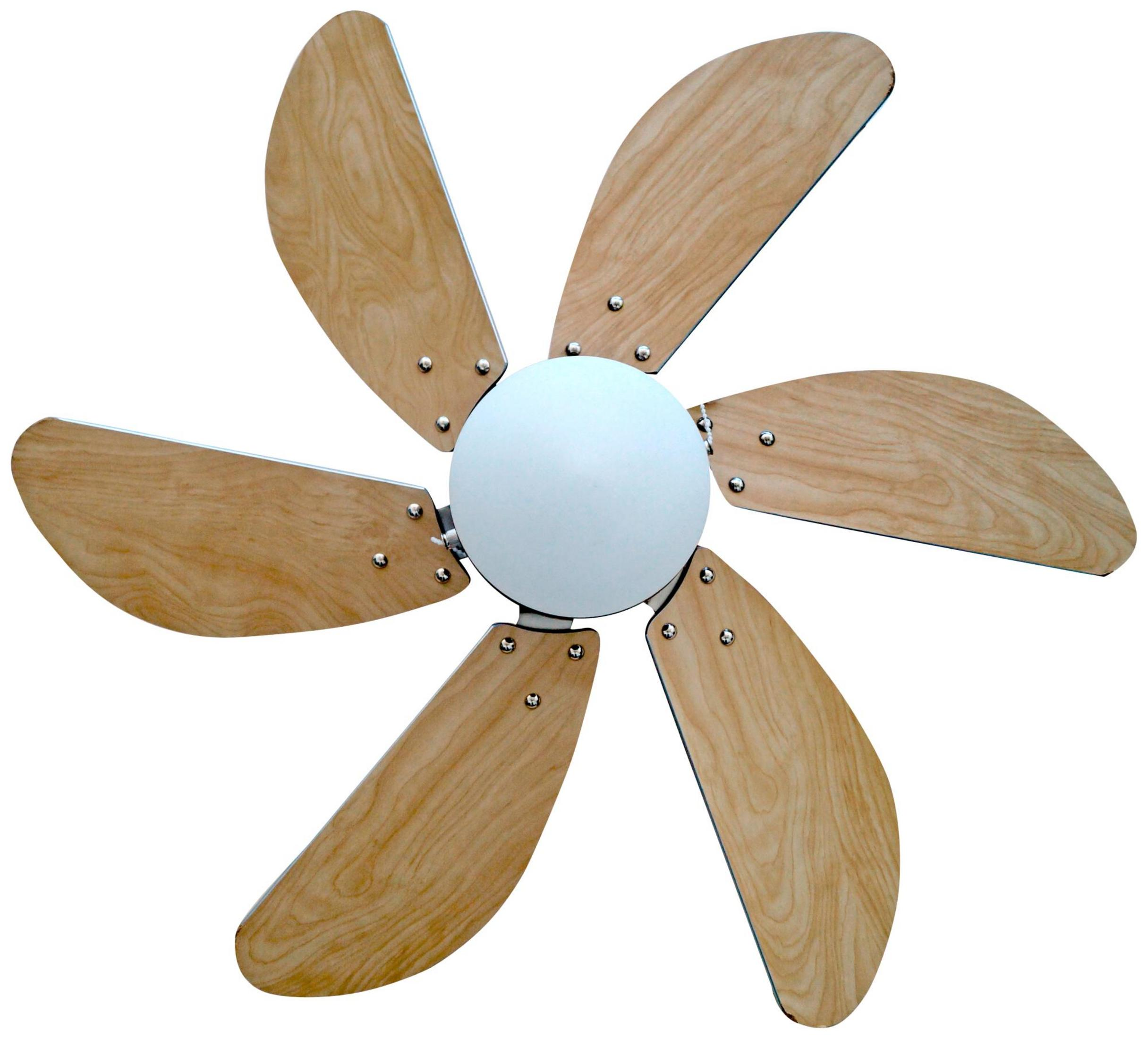 Ein Deckenventilator mit sechs Holzblättern und einer weißen Mitte.