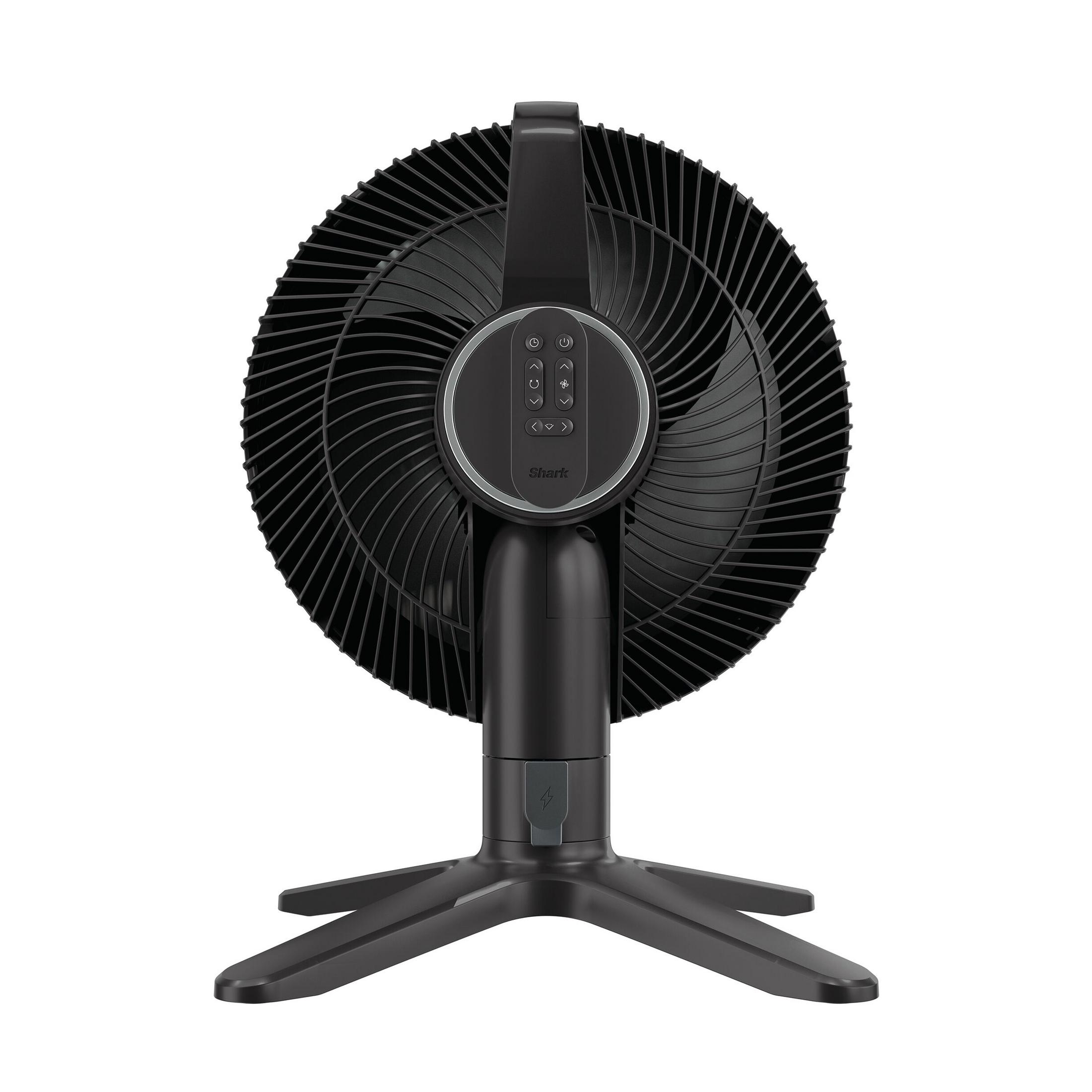 Czarny wentylator z okrągłą kratką i przyciskami sterowania u podstawy.