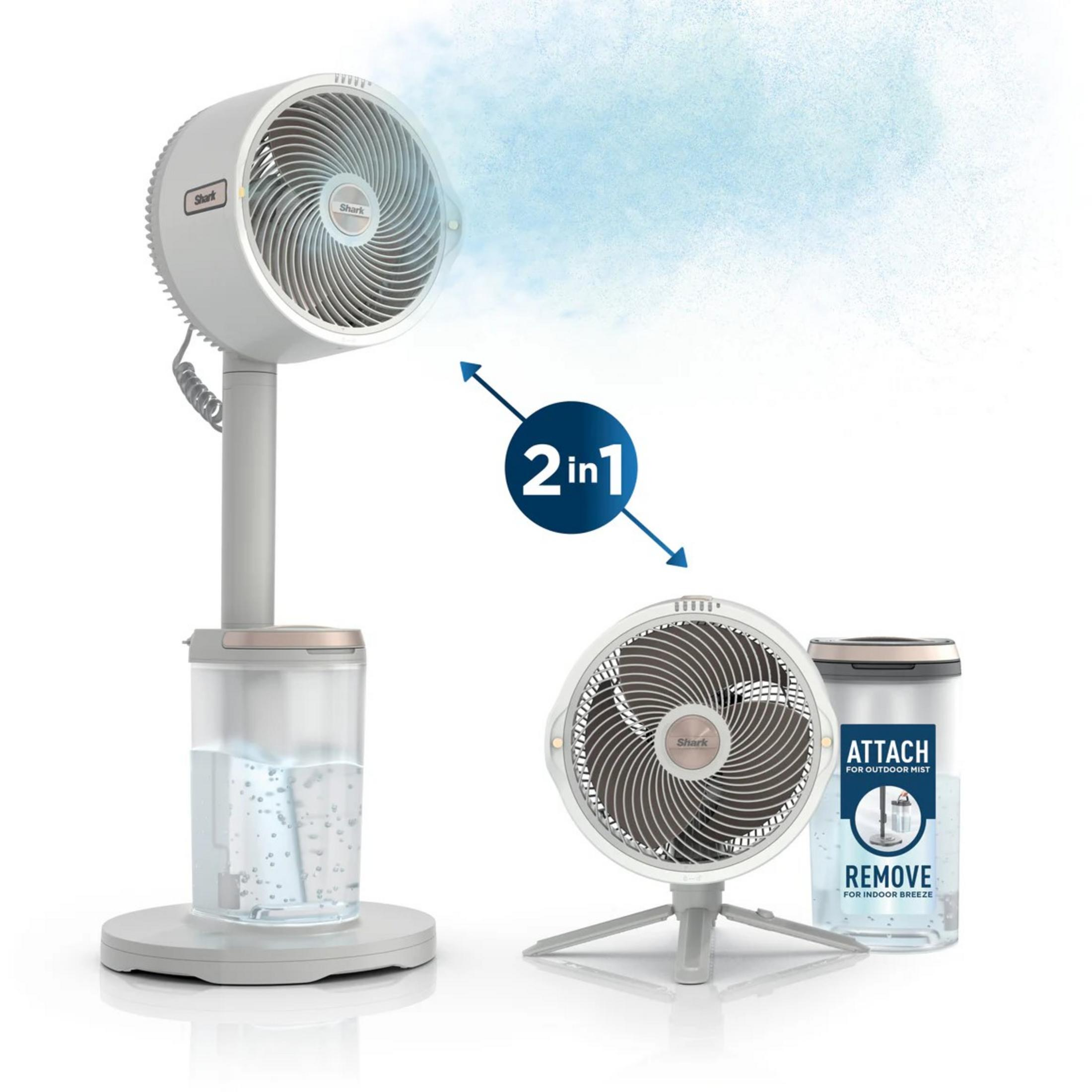Ein weißer Ventilator mit Wassertank und ein kleinerer Ventilator daneben.